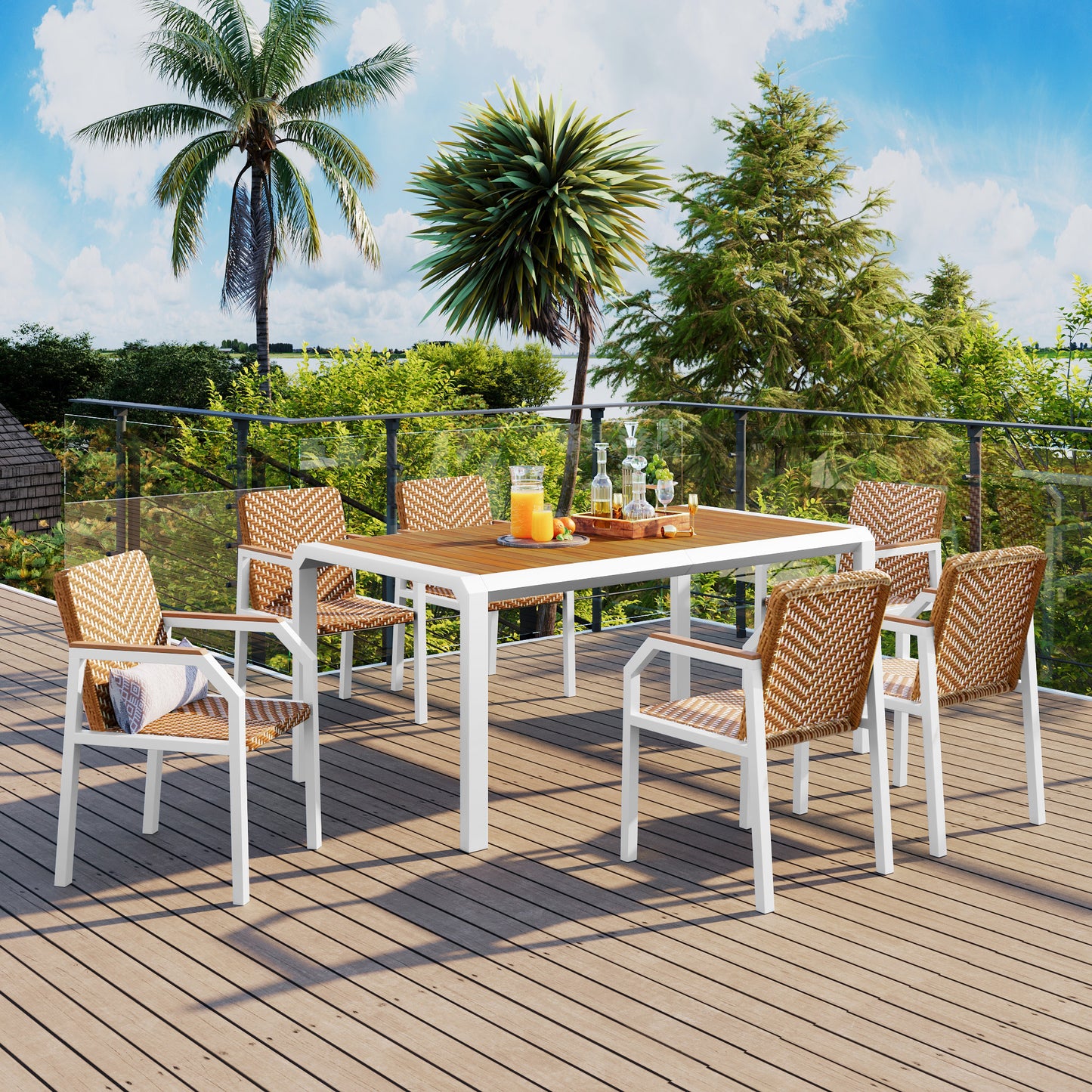7 Piece Patio Dining Table Set, Outdoor Wicker Furniture Set of 6 Chairs, Two Tone Weave Rattan, Acacia Wood Tabletop, Outdoor Dining Set for Backyard and Garden, Brown