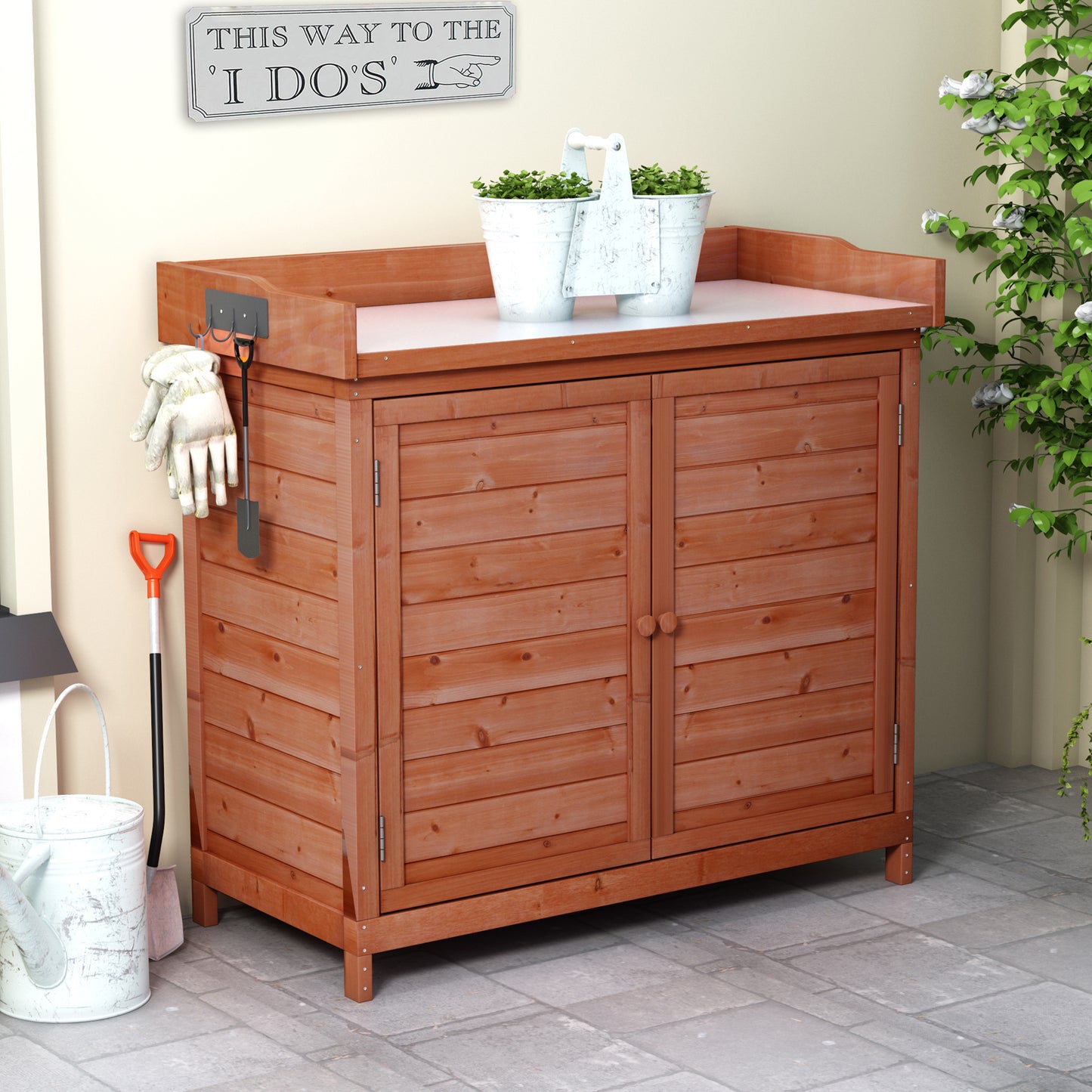 Outdoor 39' Potting Bench Table, Rustic Garden Wood Workstation Storage Cabinet Garden Shed with 2-Tier Shelves and Side Hook, Orange