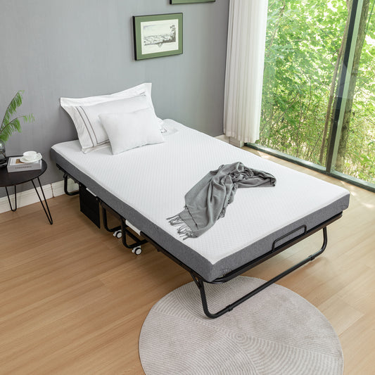 Folding Bed with Mattress, SPortable Foldable Bed with Storage Cover, SRollaway Bed for Adults with Memory Foam Mattress and Metal Frame, SCot Size Guest Bed on Wheels,75 x 45 inch