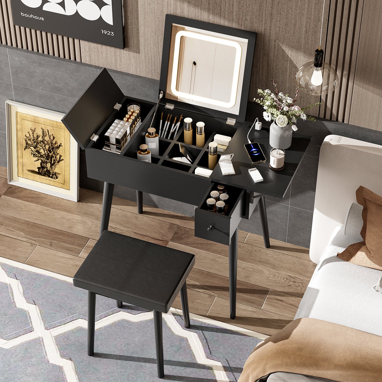 27.9'' Black Makeup Vanity Desk with Flip Top Mirror and LED Light, Dressing Table with Charging Station, 2 Drawers and Fold-up Panel, Vanity Set with Cushioned Stool for Bedroom