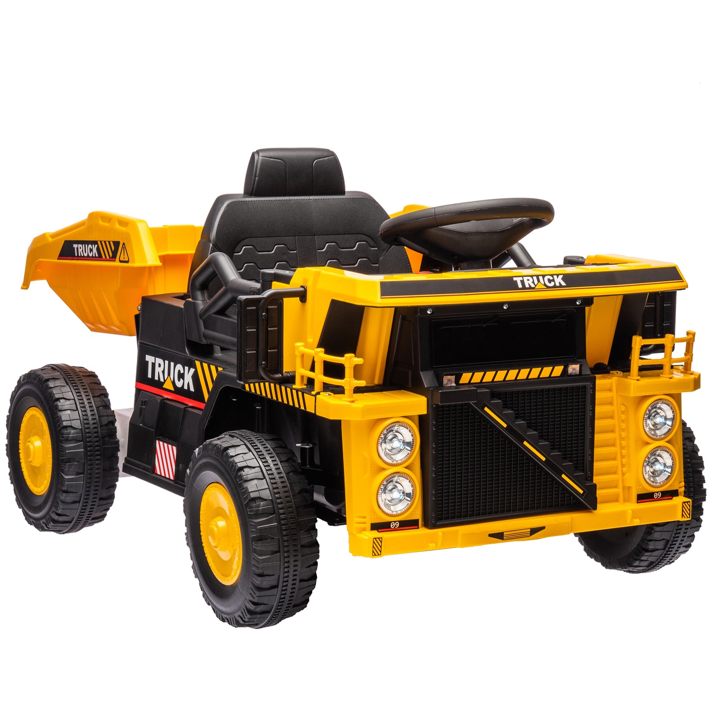 Kids Ride on Dump Truck, 12V Ride on Car with Electric Dump Bed and Extra Shovel, Spring Suspension Wheels, Music Player, LED Headlights for Boys & Girls Ages 3-5 Years