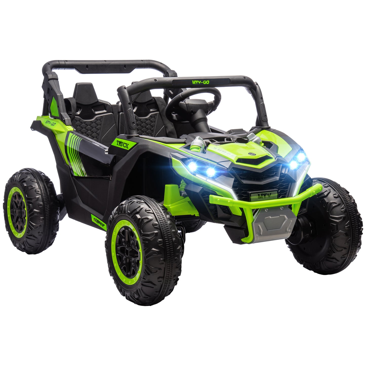 24V 7AH Ride on UTV, 2 Seater 4MPH Kids Electric Car Ride on Battery Powered Toy with 4 Shock Absorbers, Music Horn and LED Lights, for Toddlers 3-8 Years, Green