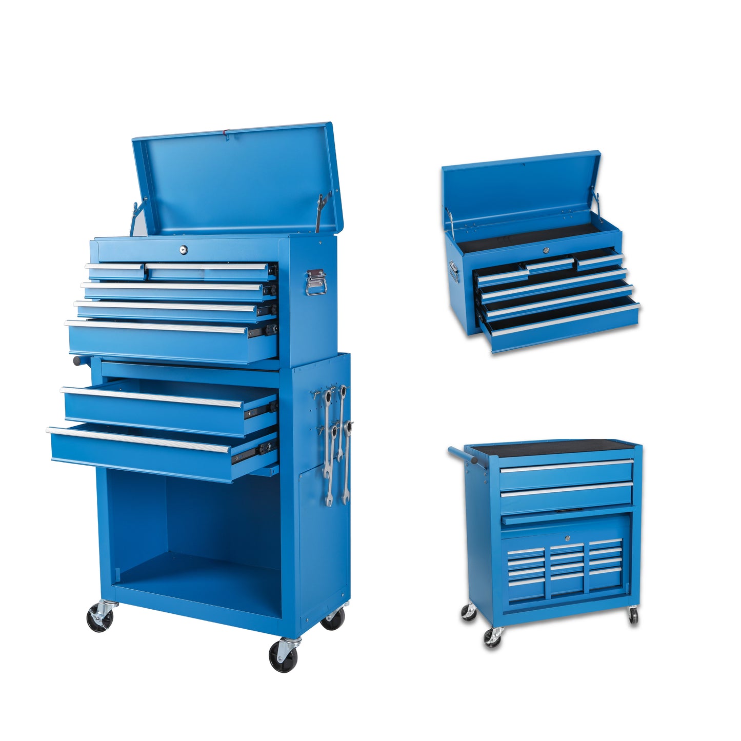 Tool Chest, 8-Drawer Rolling Tool Storage Cabinet with 2 in 1 Detachable Top Tool Box, Liner, Lockable Wheels, Side Hooks, Metal Tool Cart for Garage