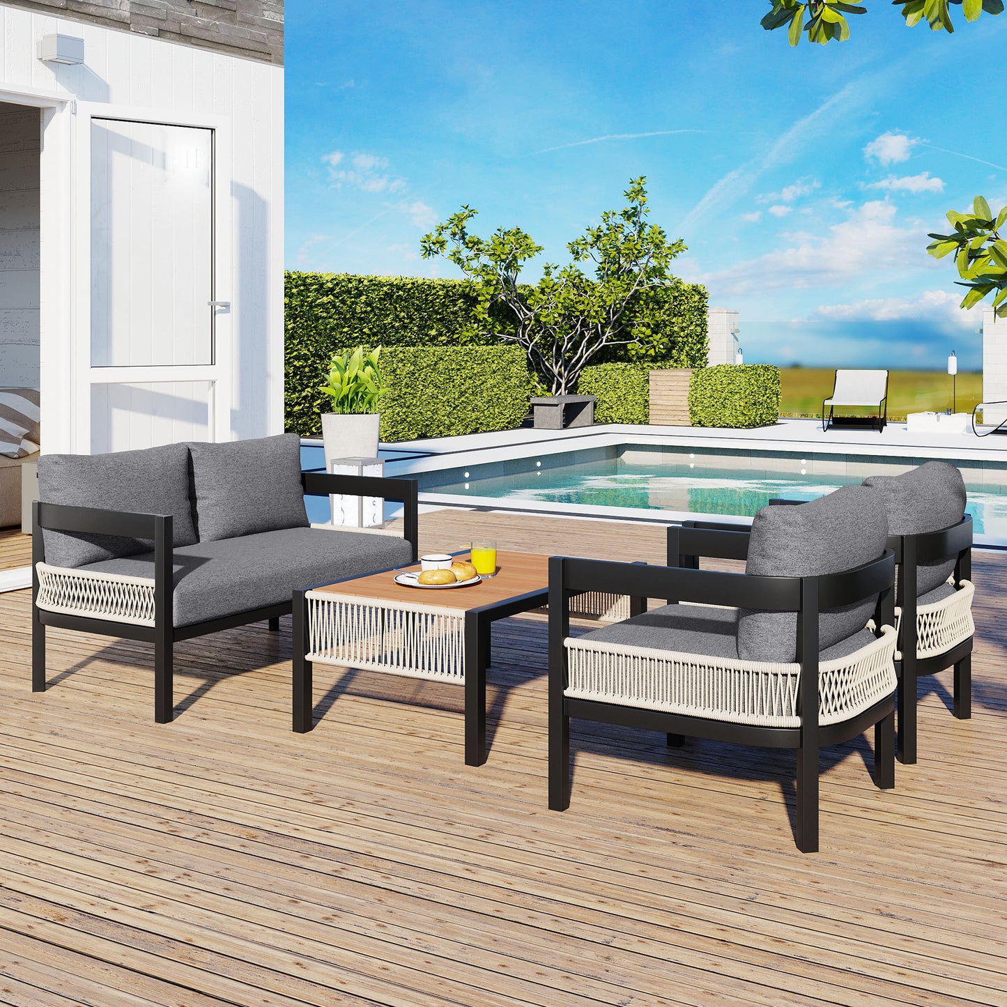 Multi-person Outdoor Iron Sofa Set with A table, Rattan Decoration, Waterproof, Rust-proof, Suitable for Garden, Lawn Use