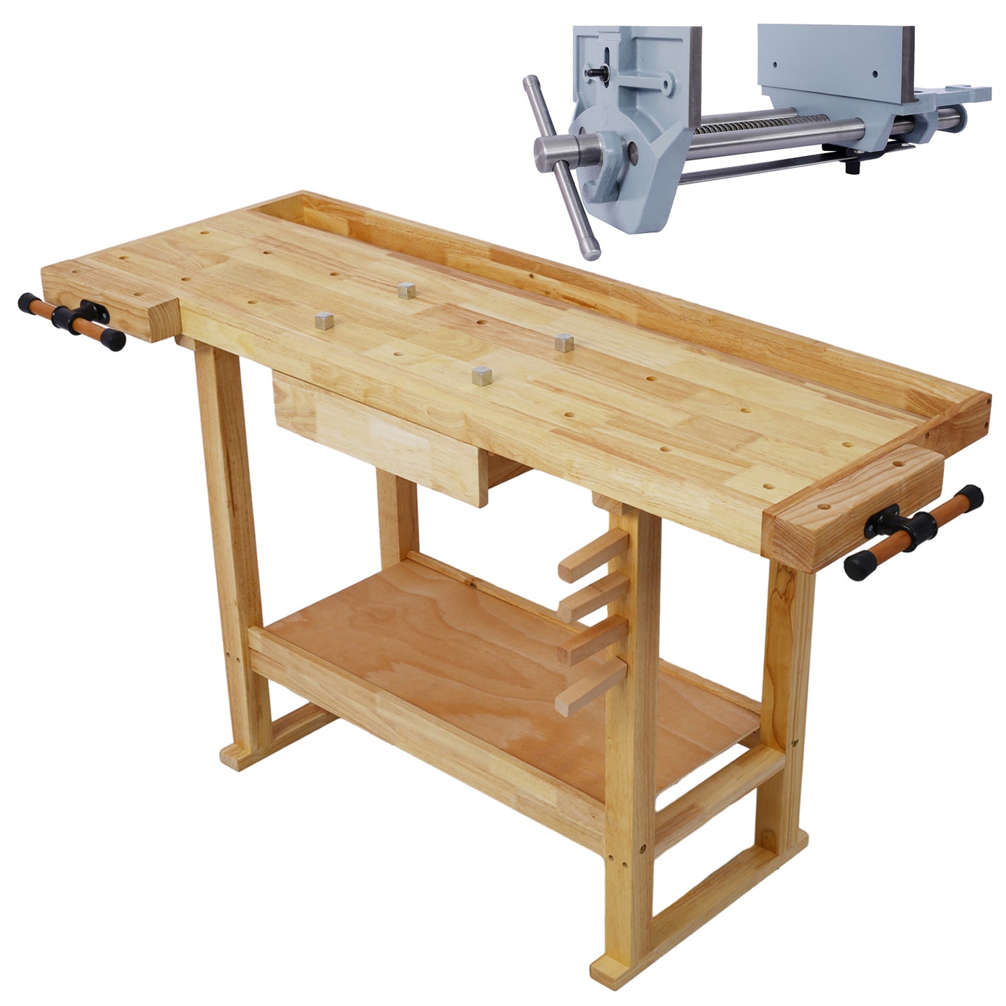 55-Inch Wood Workbench - Wooden Workbench for Garage Workshop and Home, with Rapid Action Woodworking Vise 9 Inch Jaw Width Made with Heavy-Duty Cast Iron ,GRAY