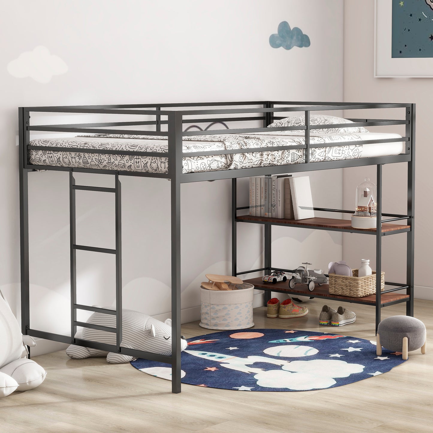 Adam sturdy junior twin loft bed black with Cinnamon wood shelf for kids, space saving, Loft Bed with easy climbing Ladder and Guardrails, Loft Bed Frame for Bedroom