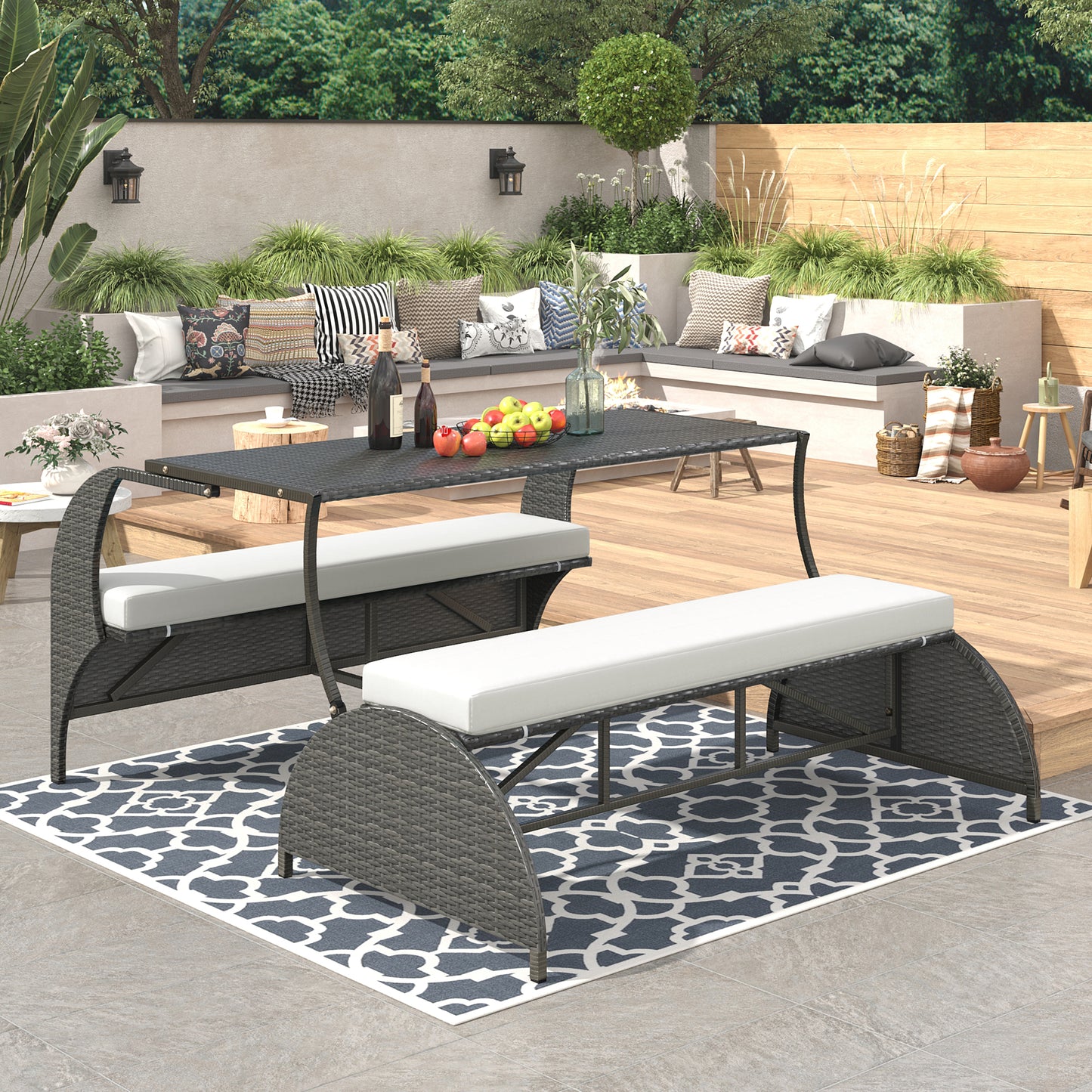 Versatile outdoor loveseat that converts to four seats and a table, suitable for gardens and lawns