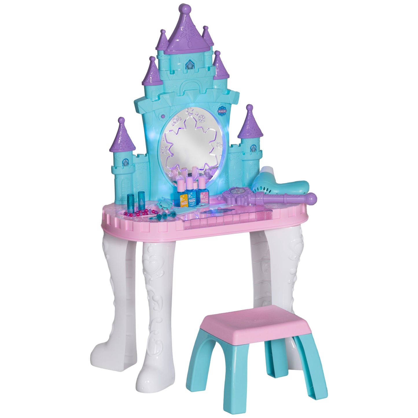 Kids Vanity Set with Mirror and Stool, Castle Design Makeup Table with Light, Music, Hair Dryer, 18 Accessories, Girls Pretend Play Toys for 3-6 Years, Multicolor