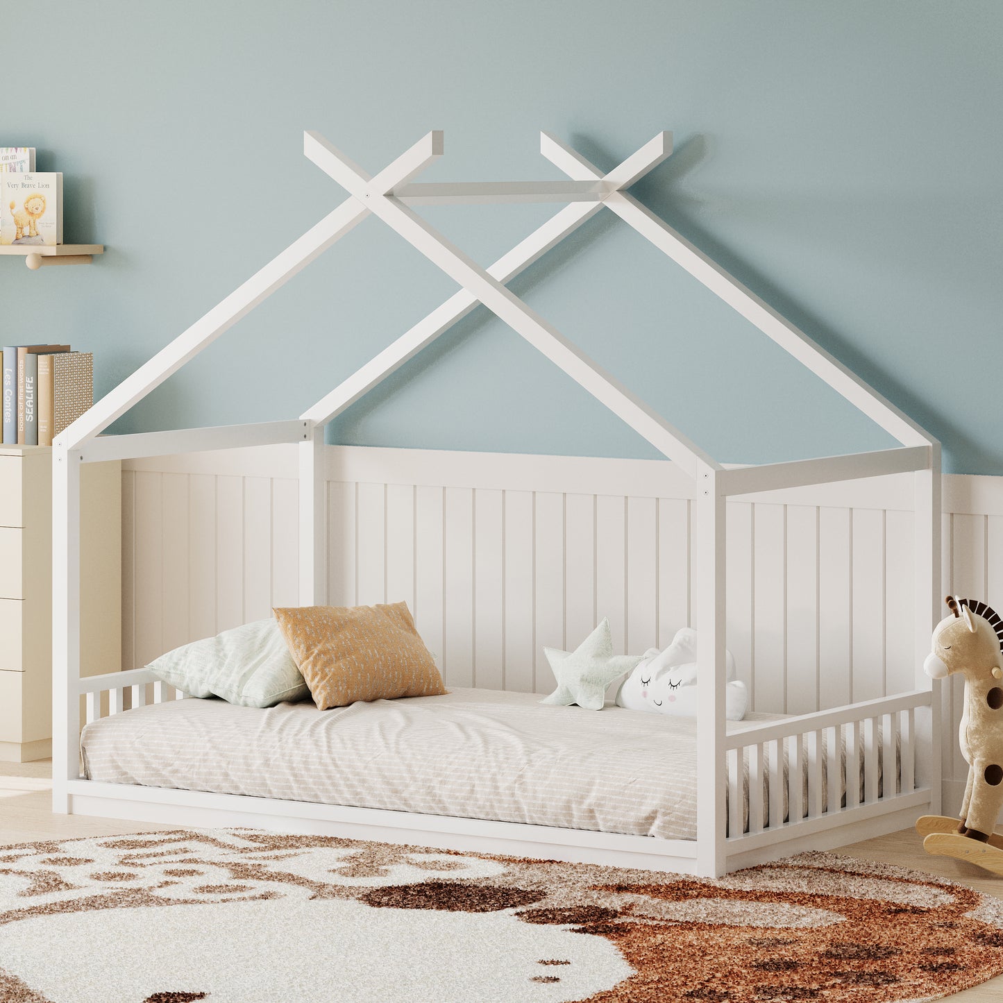 Full Size Montessori Style House Bed for Kids,Floor Bed Frame with Headboard and Footboard,Wooden Fence Bed for Girls,Boys,Easy Assembly, Slat Not Included, White