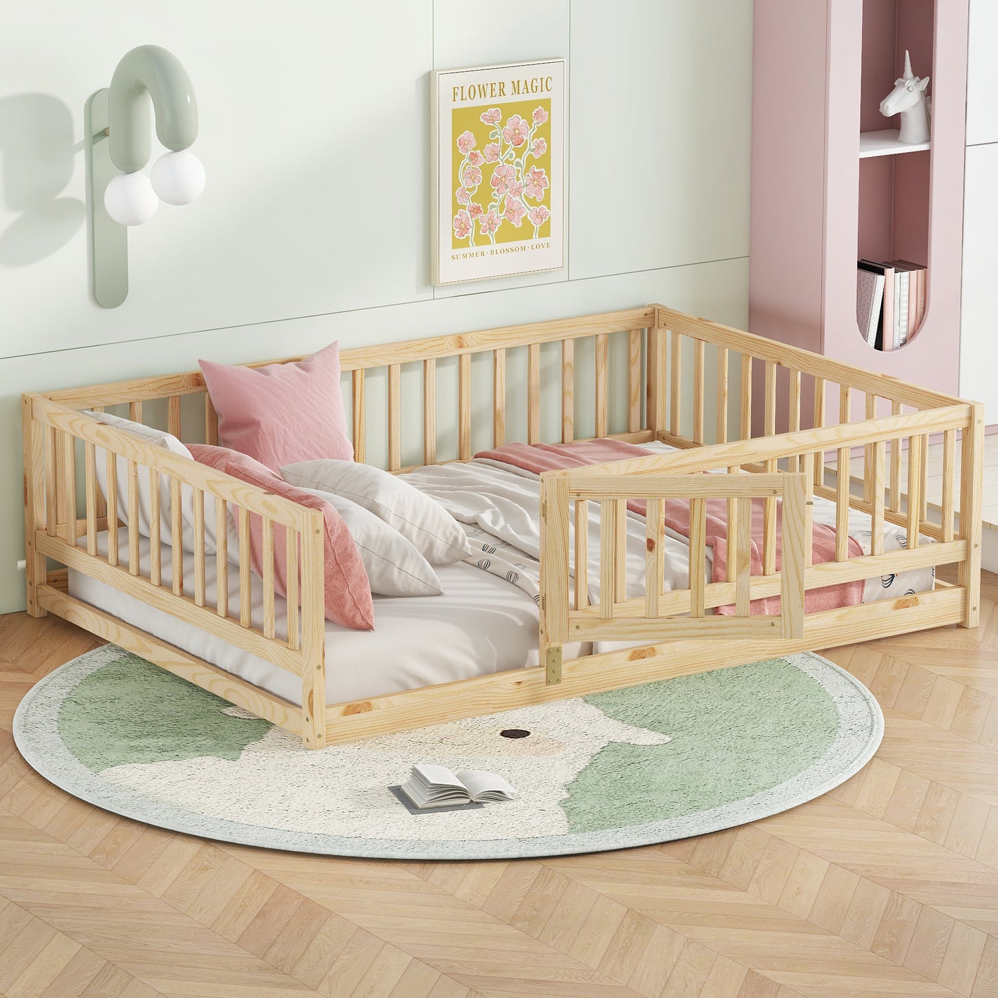 Full Size Floor Bed, Montessori Floor Bed with Fence and Door, Kids Montessori Bed Full Size, Wood Montessori Floor Bed for Kids, Girls, Boys(Full Natural)