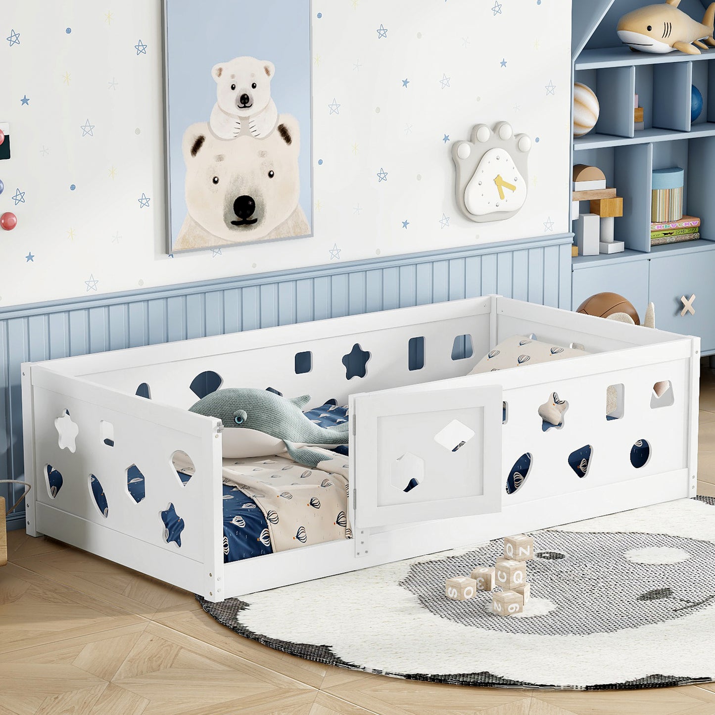 Twin Size Floor Bed with Heightened Safety Guardrails and Door, Solid Wood Bedframe with Rails for Girls, Boys, Teens, Child Bedroom, Kids Playroom, White