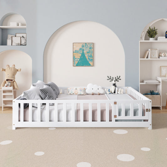 Full Size Floor Platform Bed with Fence and Door for Kids, Montessori Floor Bed Frame with Support Slats for Toddlers, Wooden Floor Bed White