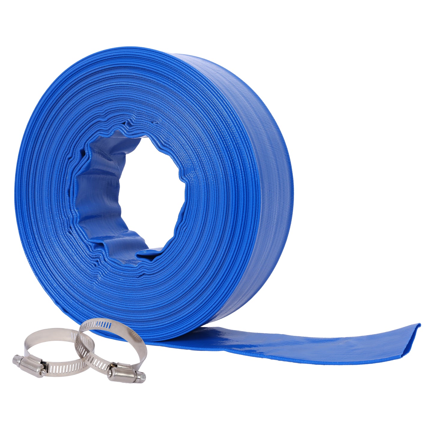 2'x100FT Pool Backwash Hose, Blue Heavy Duty Reinforced PVC Lay Flat Water Discharge Hose for Swimming Pool Filter Pump,with 2 Clamp