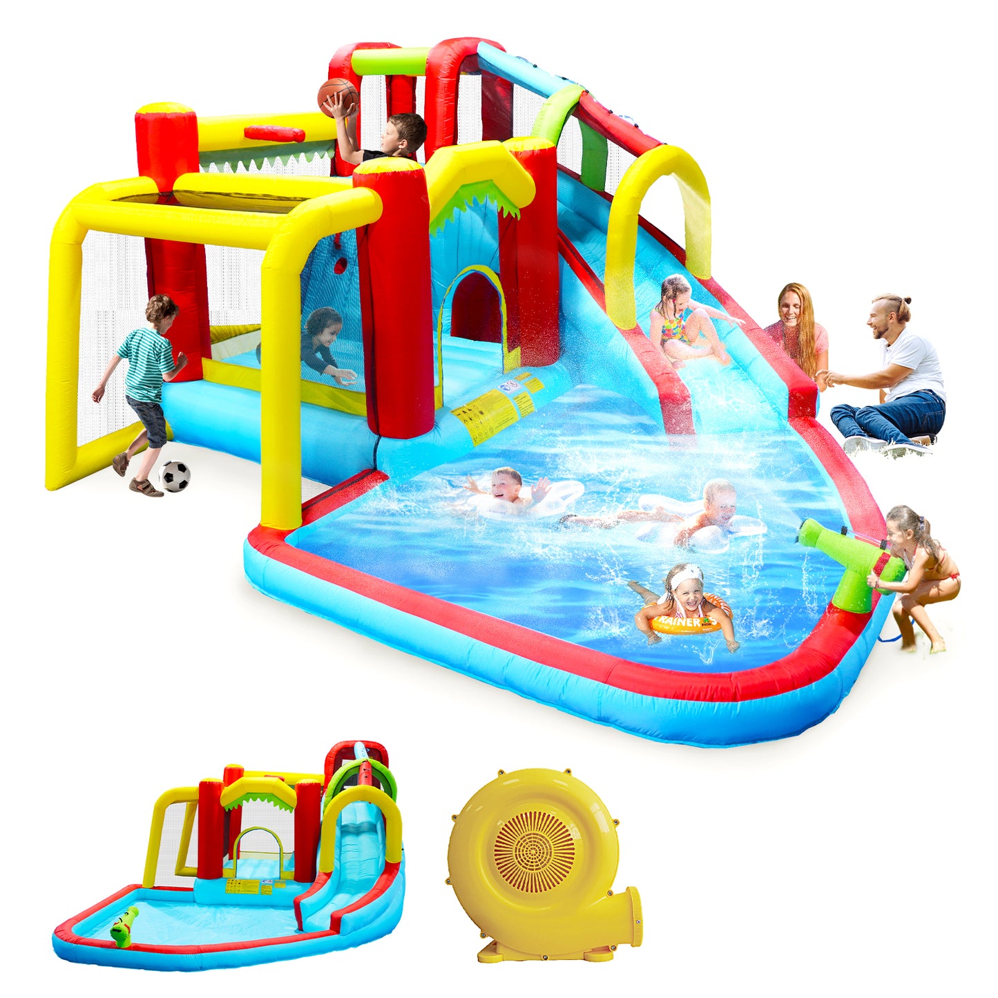 7 in1 Inflatable slide water park bouncing house outdoor Soccer garden bouncer with Splash pool & Water gun & Climbing wall & Basketball & Football