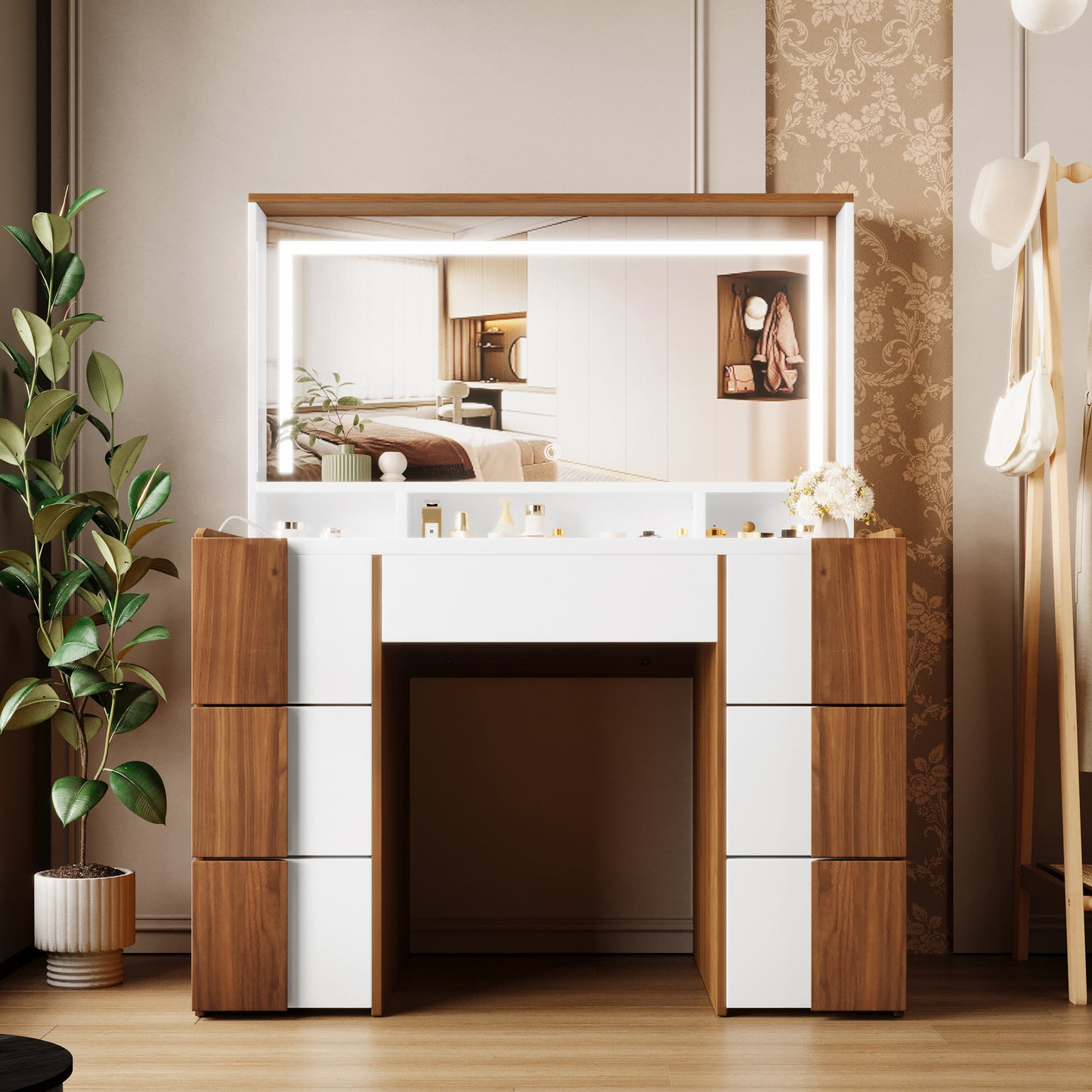 44.4' Elegant Vanity Table with Large Lighted Mirror & Power Outlet, Dressing Table with 7 Drawers & Shelves, Vanity Desk with Brown Solid Wood-style Stickers