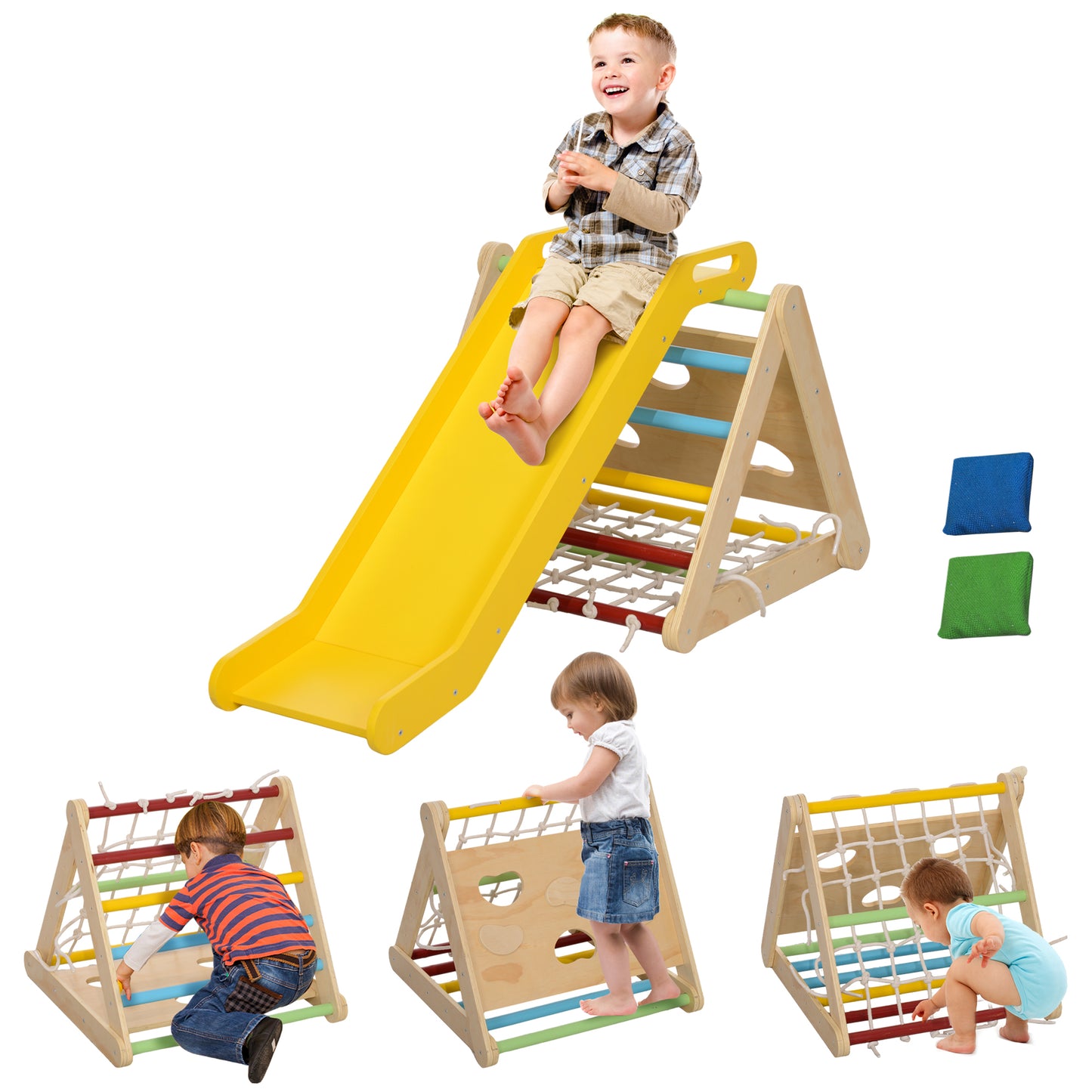 5 in 1 Pikler Triangle Set, Indoor Toddler Climbing Toys with Slide & Sandbags, Montessori Climber, Baby Gym Play Set, Playground for Kids 18-48 Months, Multicolored