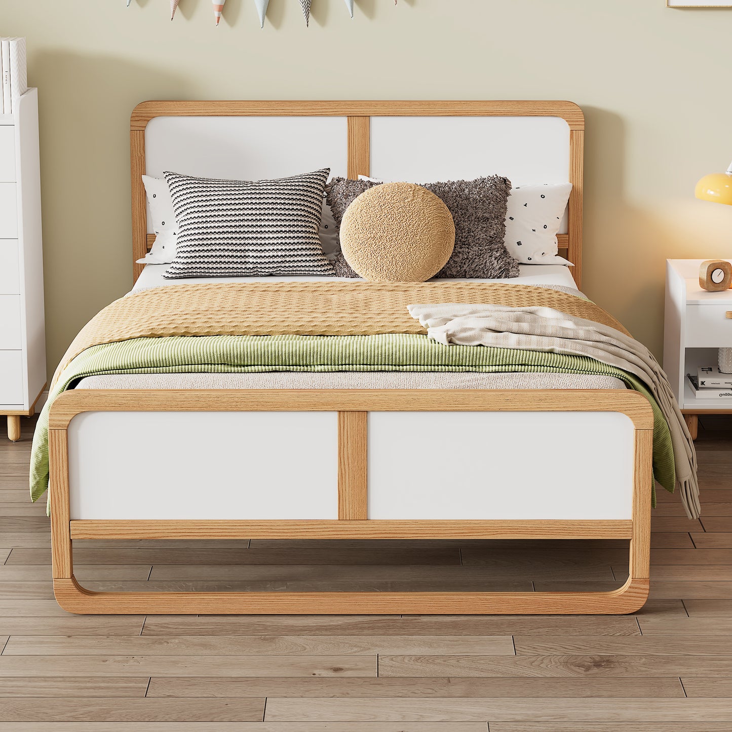 Modern Style Full Size Solid Wood Platform Bed for Kids, Teens, Adults, No Need Box Spring, Walnut and White