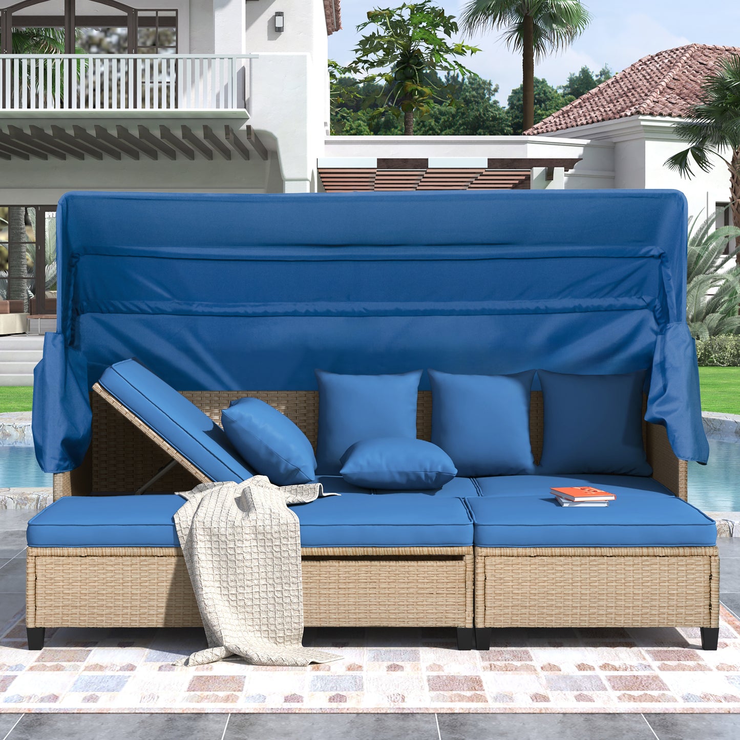 4 Piece UV-Proof Resin Wicker Patio Sofa Set with Retractable Canopy, Cushions and Lifting Table,Blue
