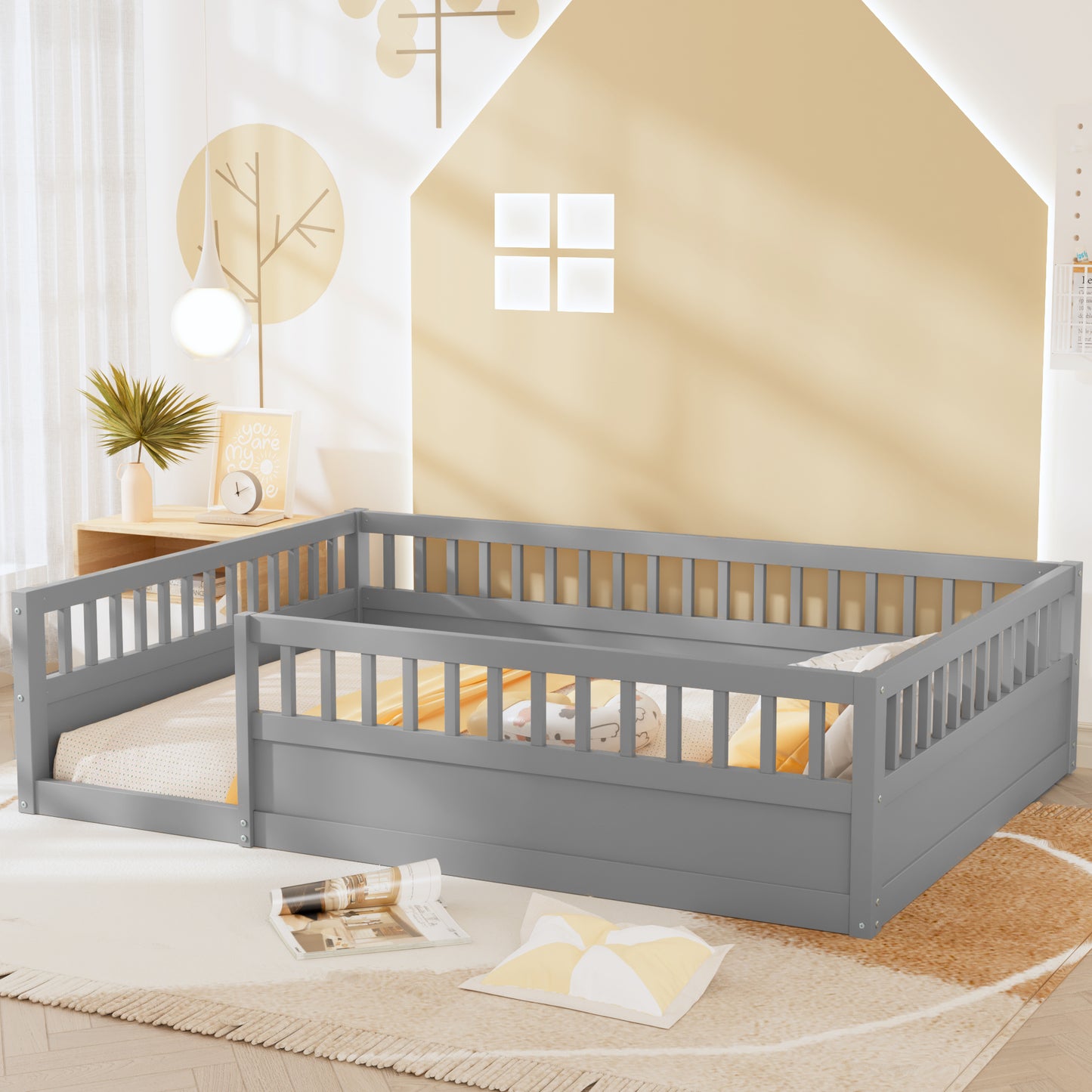 Full Floor Bed Frame with Fence, Wood Kids Floor Beds Frame for Bedroom Playroom,Gray(Expect arrive date Jul. 10th)