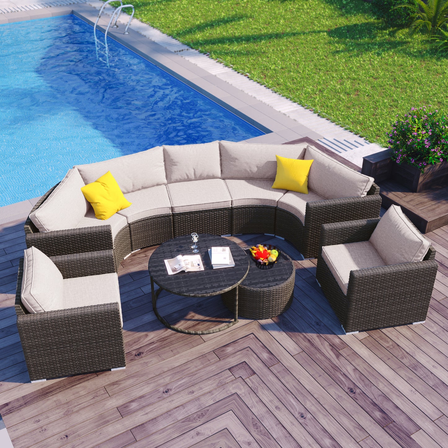 9-Pieces Outdoor Half-moon Patio Sofa Set, Round Sofa Set, Modern Style Sofa, Brown Wicker, Beige Cushion