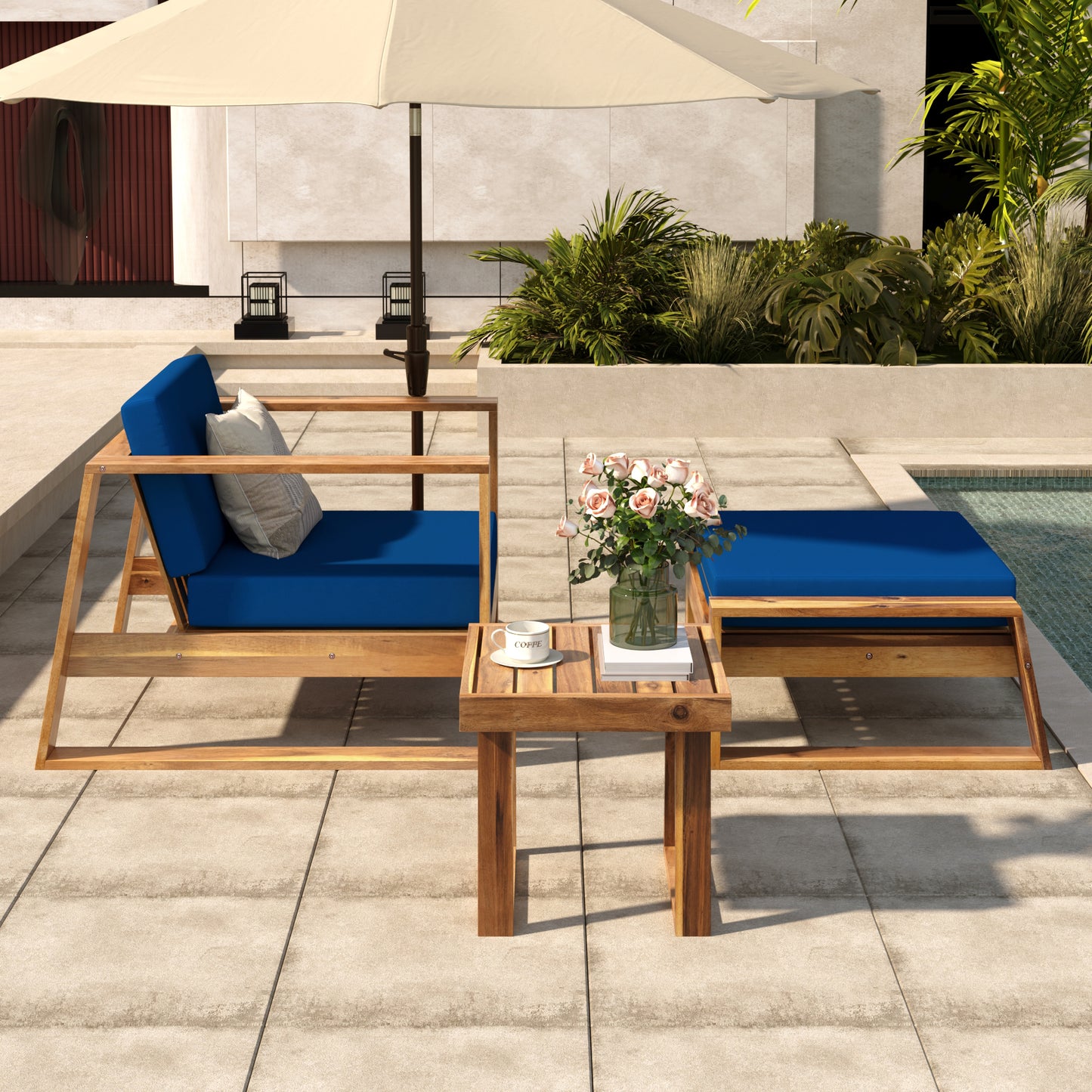 Acacia Wood Outdoor Lounge Set - Chair & Ottoman, Perfect for Patios, Balconies, and Gardens