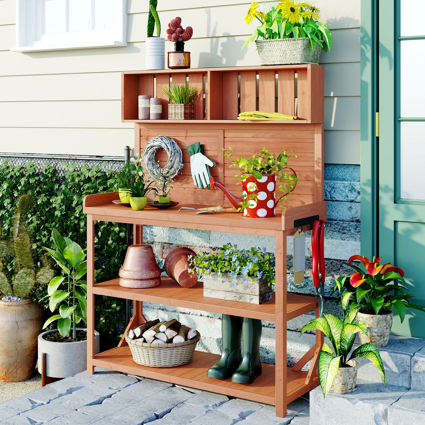 65' Large Wooden Farmhouse Rustic Outdoor Potting Bench Table, Patio Workstation, Garden Potting Bench with 4 Storage Shelves and Side Hook,Natural