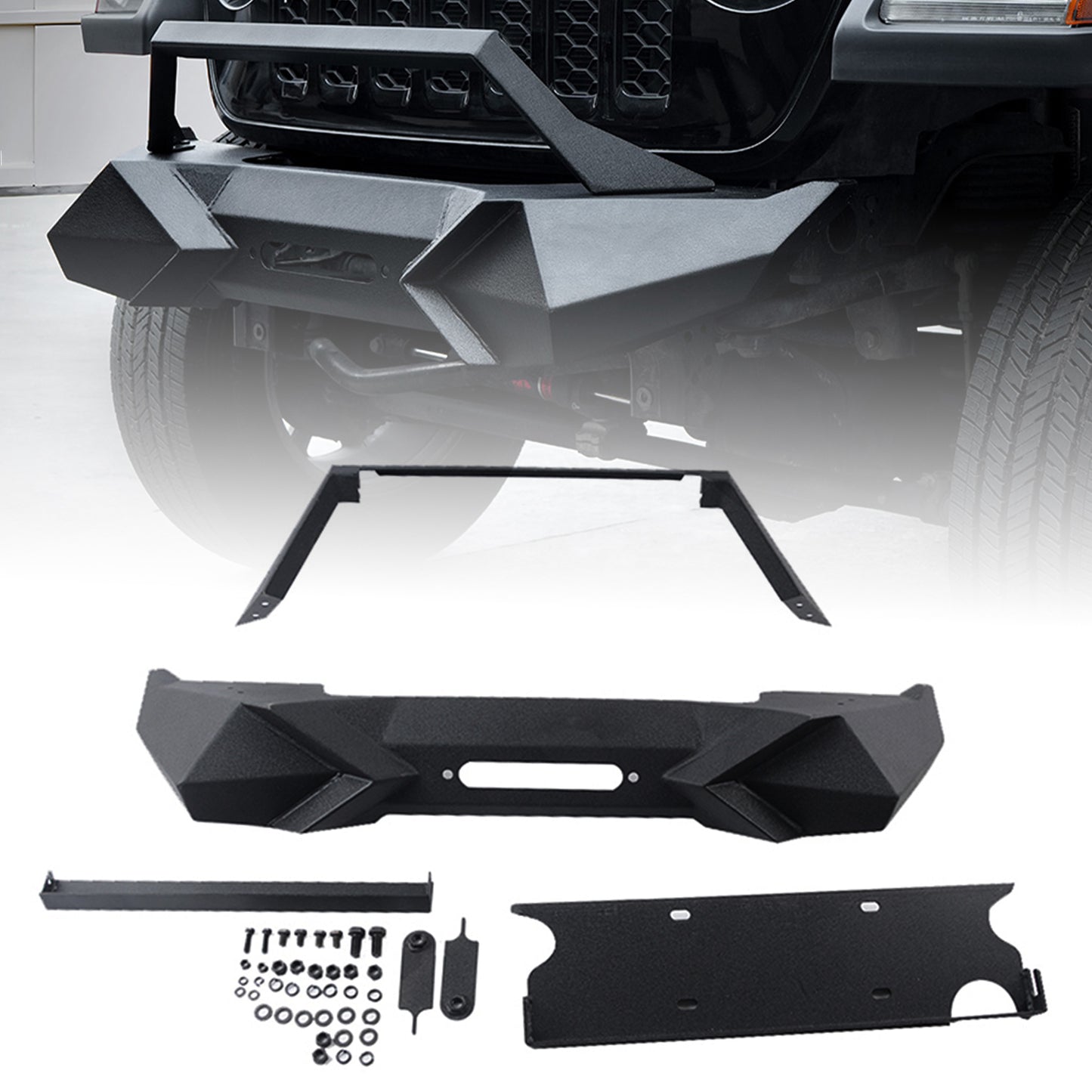 X Style Front Bumper with Winch Plate Compatible with Wrangler JK (2007-2018) & JL (2018+)- Heavy Duty Black Textured Manganese Steel Construction, Perfect for On and Off-Road Used