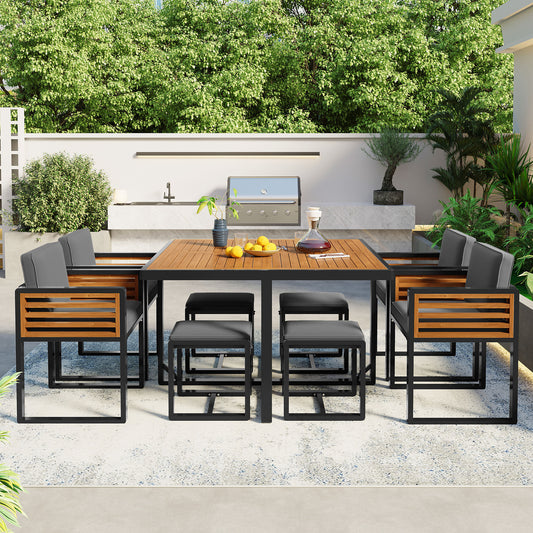 9-Pieces Acacia Wood Patio Dining Set, Space Saving Outdoor Patio Set, 4 Cushioned Chairs & 4 Ottomans & 1 Square Table, for Backyard, Garden, Deck and Poolside, Gray