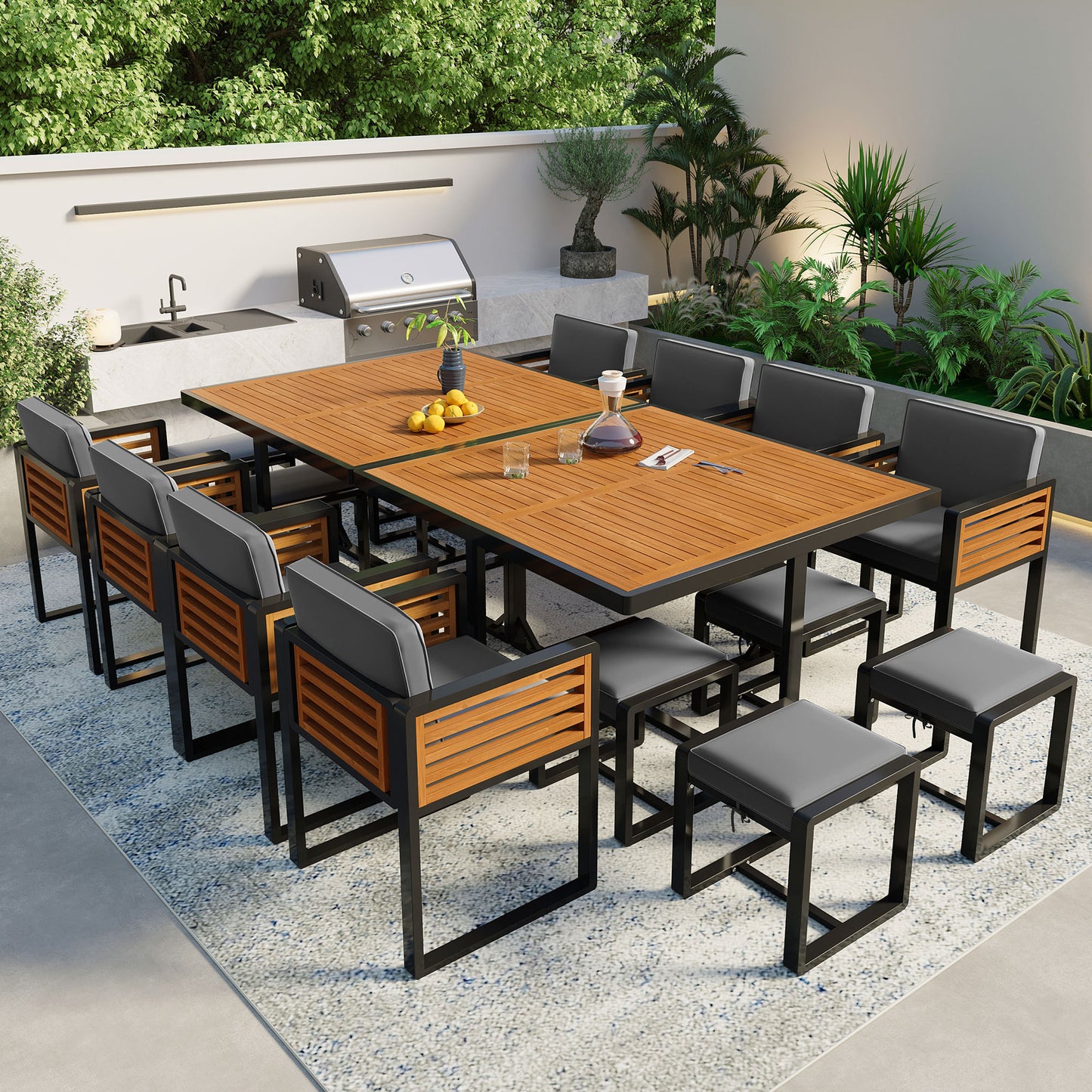 18-Pieces Acacia Wood Patio Dining Set, Space Saving Outdoor Patio Set, 8 Cushioned Chairs & 8 Ottomans & 2 Square Table, for Backyard, Garden, Deck and Poolside, Gray