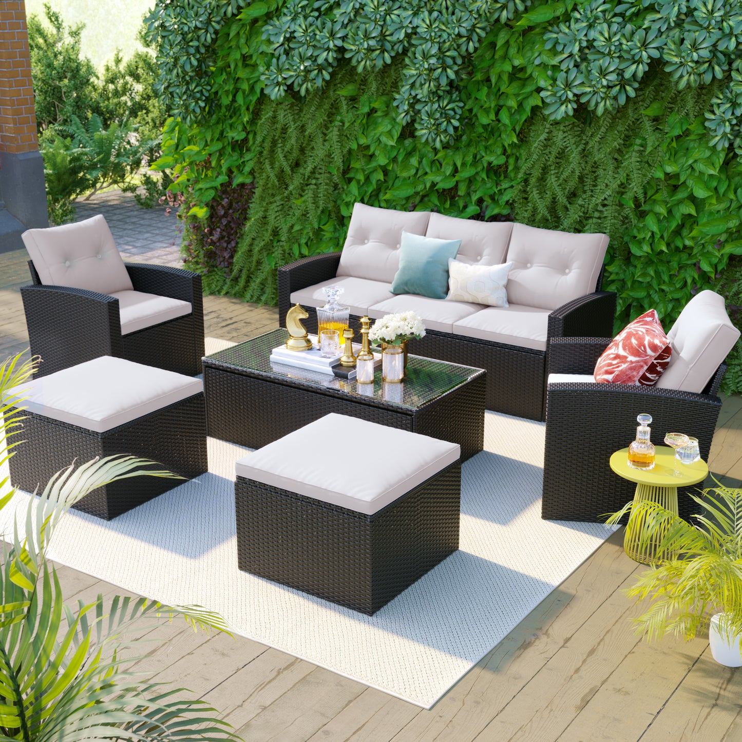 6-piece All-Weather Wicker PE rattan Patio Outdoor Dining Conversation Sectional Set with coffee table, wicker sofas, ottomans, removable cushions (Black wicker, Beige cushion)