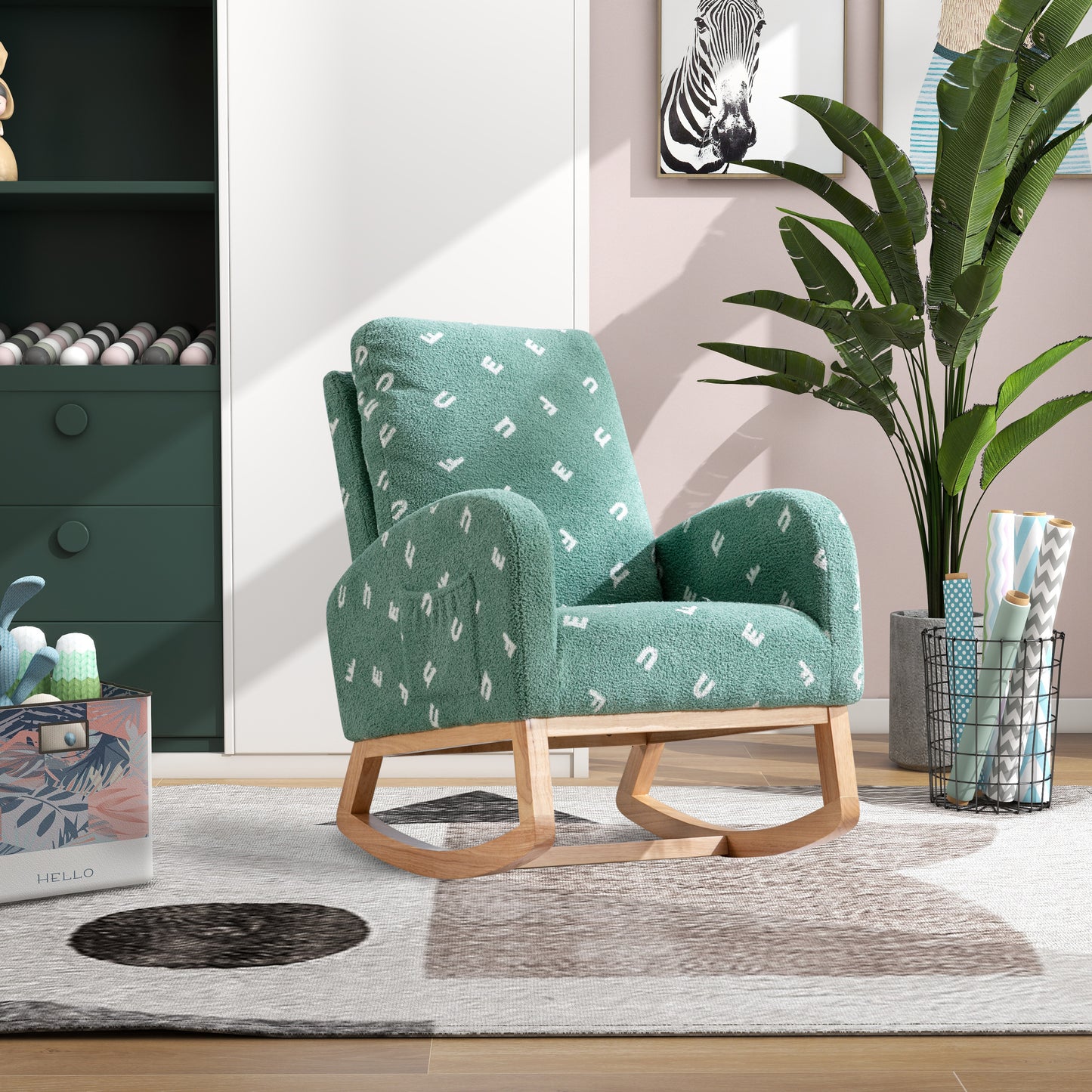 26.8'W Modern Rocking Chair for Nursery, Mid Century Accent Rocker Armchair With Side Pocket, Upholstered High Back Wooden Rocking Chair for Living Room Baby Kids Room Bedroom, Green Boucle