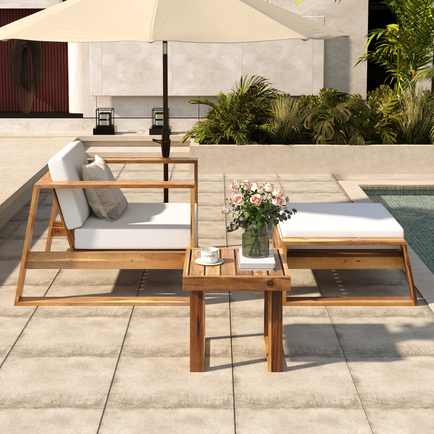 Acacia Wood Outdoor Lounge Set - Chair & Ottoman, Perfect for Patios, Balconies, and Gardens