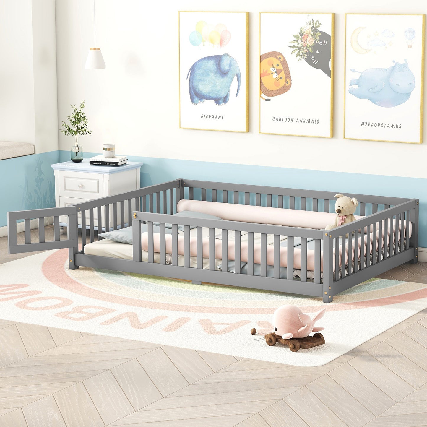 Full Size Bed Floor Bed with Safety Guardrails and Door for Kids, Gray(Old SKU: W158090691)