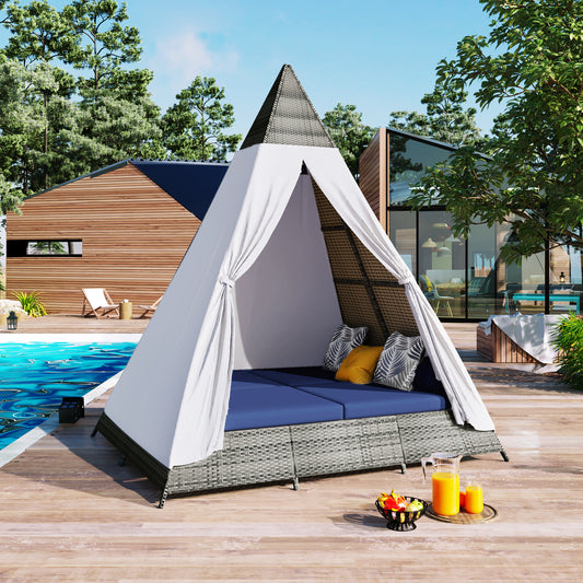 90.5' Length Outdoor Sunbed With Colorful Pillows, Wicker Patio Daybed With Cushions, Tent Shape, Gray And Blue