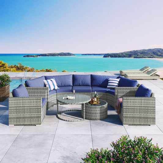 9-Pieces Outdoor Half-moon Patio Sofa Set, Round Sofa Set, Modern Style Sofa, Gray Wicker, Blue Cushion