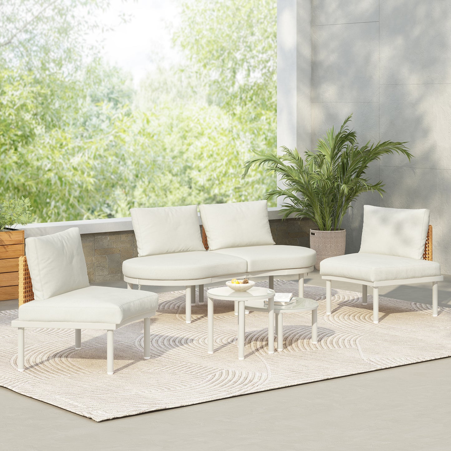 6-Piece Patio Sofa Furniture Set, Half Moon Outdoor Sectional Sofa with 2 High-Low Coffee Tables, PE Wicker Rattan, Tempered Glass, 4 Pillows & Cushions, for Backyard, Garden, Poolside,Beige