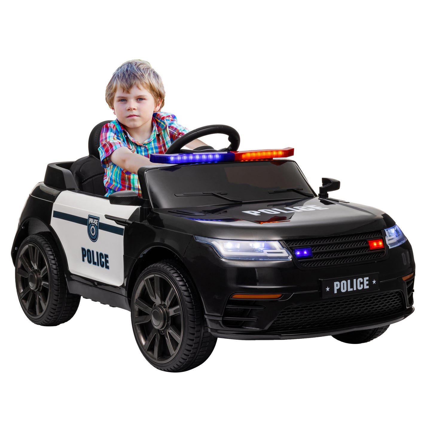 12V Electric Car for Kids, Battery Powerd Kids Car Police Car with Remote Control, 4 Spring Suspension Wheels, Transport Wheel, Siren, Music, Light, Horn, Black