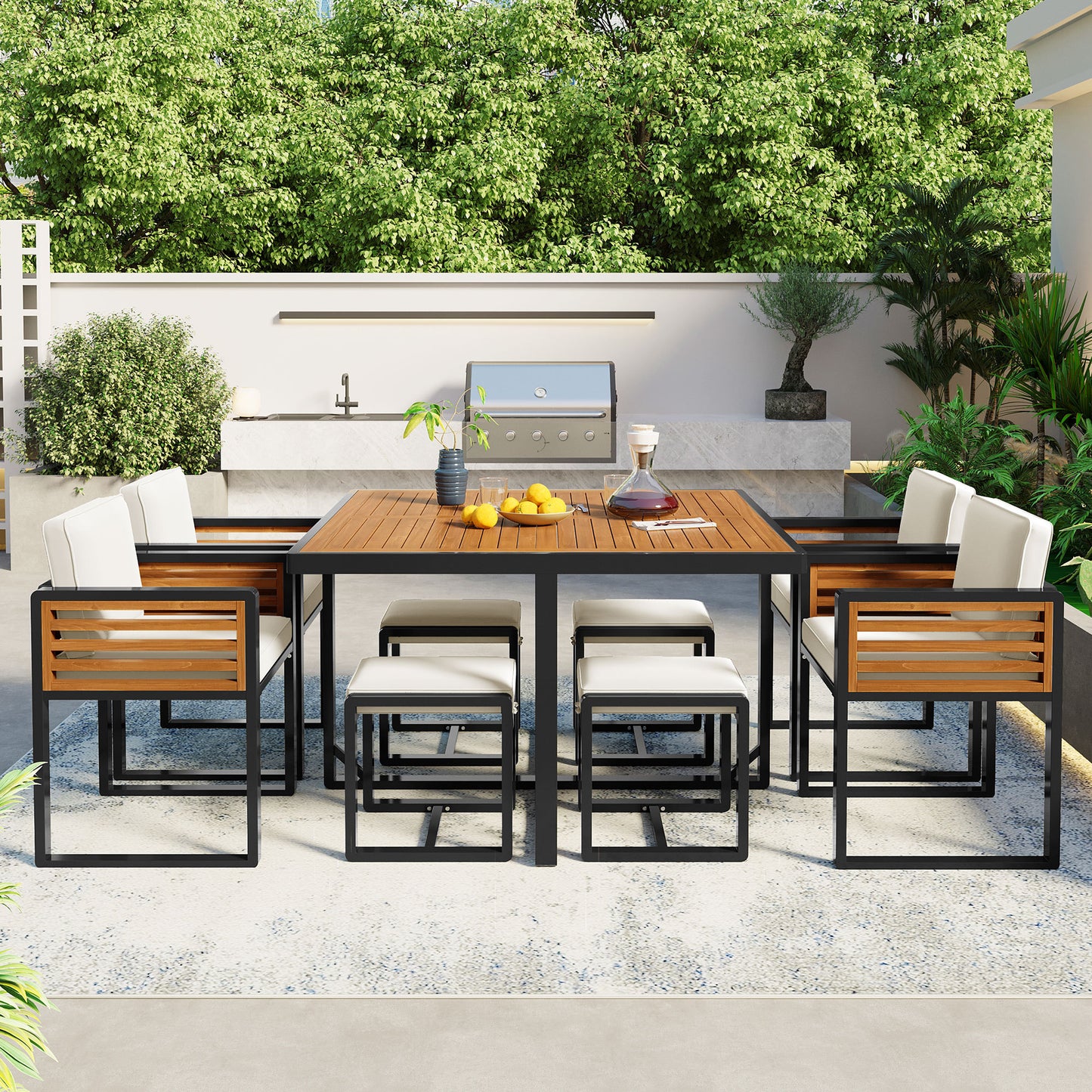 9-Pieces Acacia Wood Patio Dining Set, Space Saving Outdoor Patio Set, 4 Cushioned Chairs & 4 Ottomans & 1 Square Table, for Backyard, Garden, Deck and Poolside, Beige