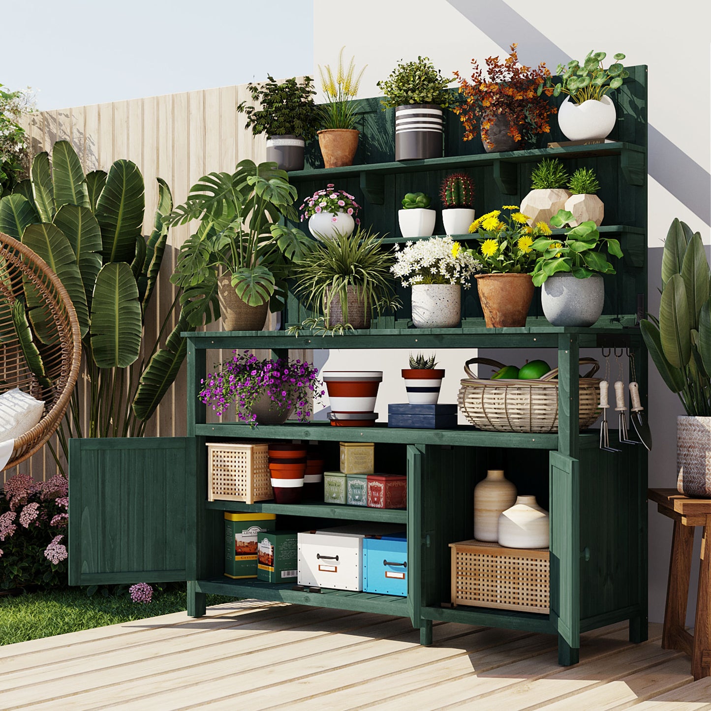 Potting Bench with Hutch, 50.2' Solid Fir Wood Garden Workstation, Large Countertop, 2 Shelves, 2 Cabinets, 3 Side Hooks, Outdoor Planting Table for Gardening, Forest Green