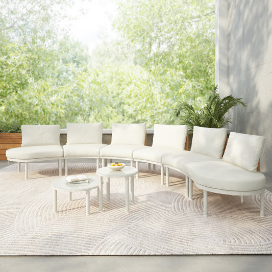 8-Piece Patio Sofa Furniture Set, Half Moon Outdoor Sectional Sofa with 2 High-Low Coffee Tables, PE Wicker Rattan, Tempered Glass, 6 Pillows & Cushions, for Backyard, Garden, Poolside,Beige