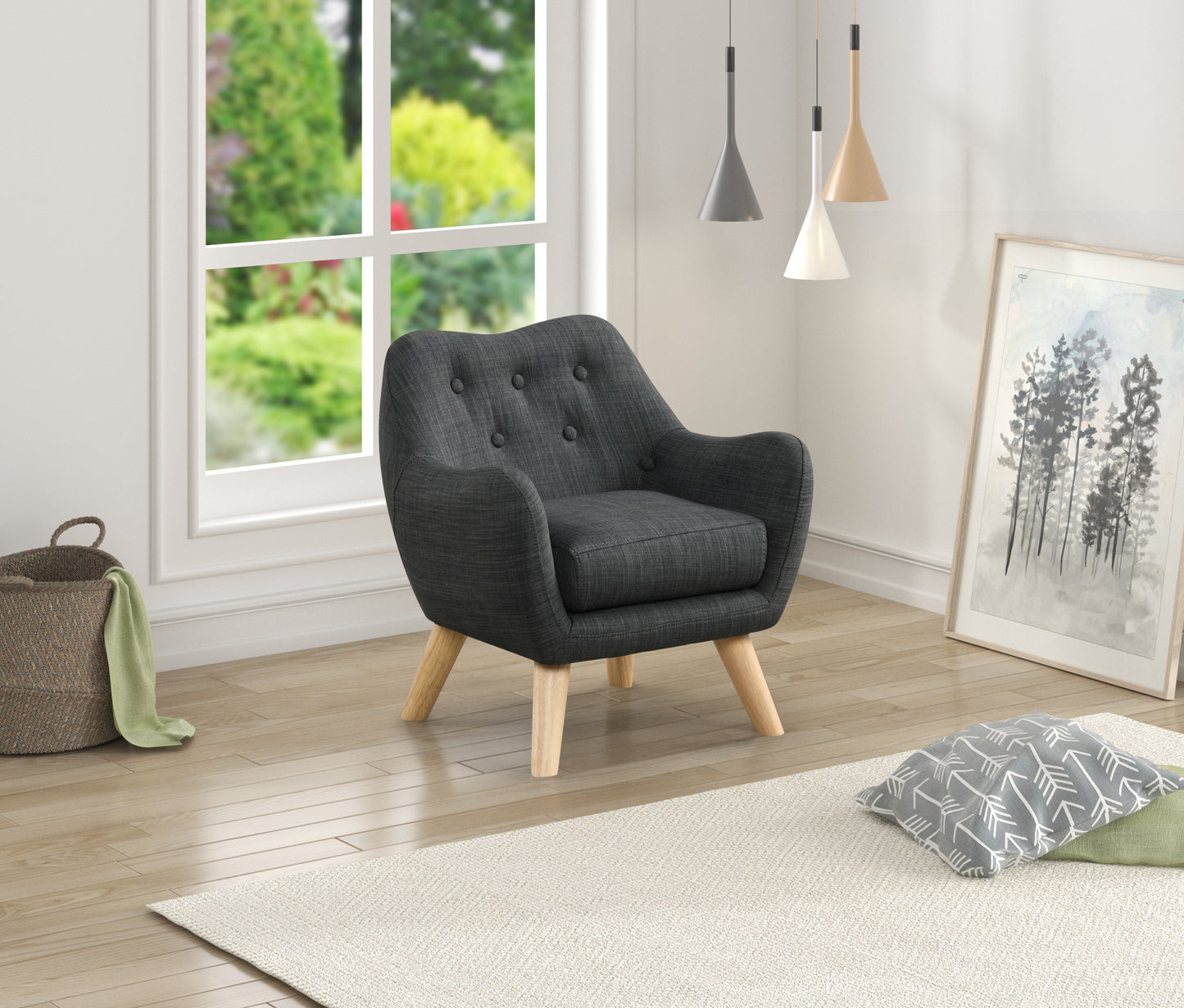 Fenix 19.5'W Gray Linen Kids Chair with Button Tufted Back and Wooden Legs