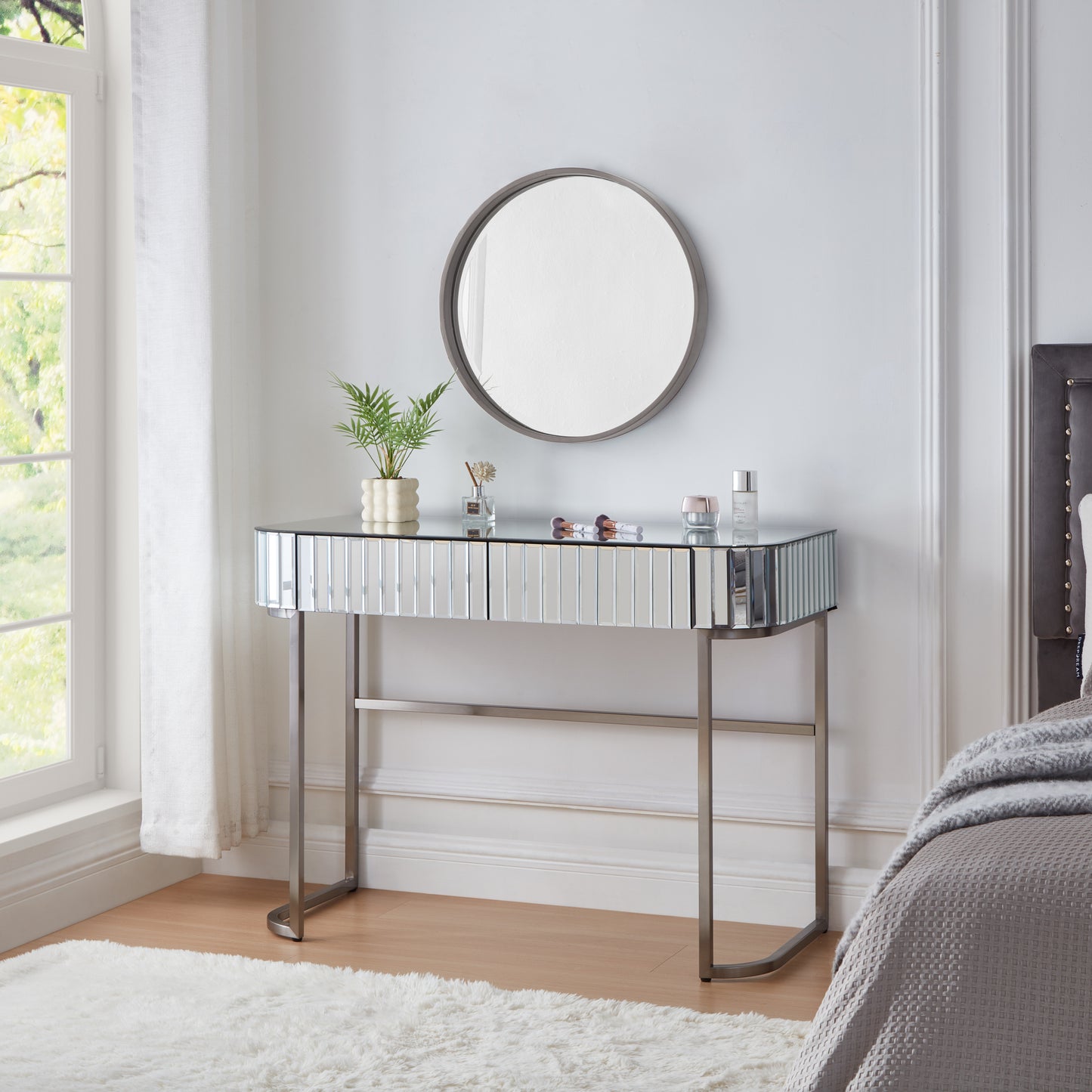 39' Mirrored Makeup Vanity Table with Stainless Steel Base, Mirrored Console Dressing Table with 2 Drawers,Versatile Desk for Bedroom and Office, Silver