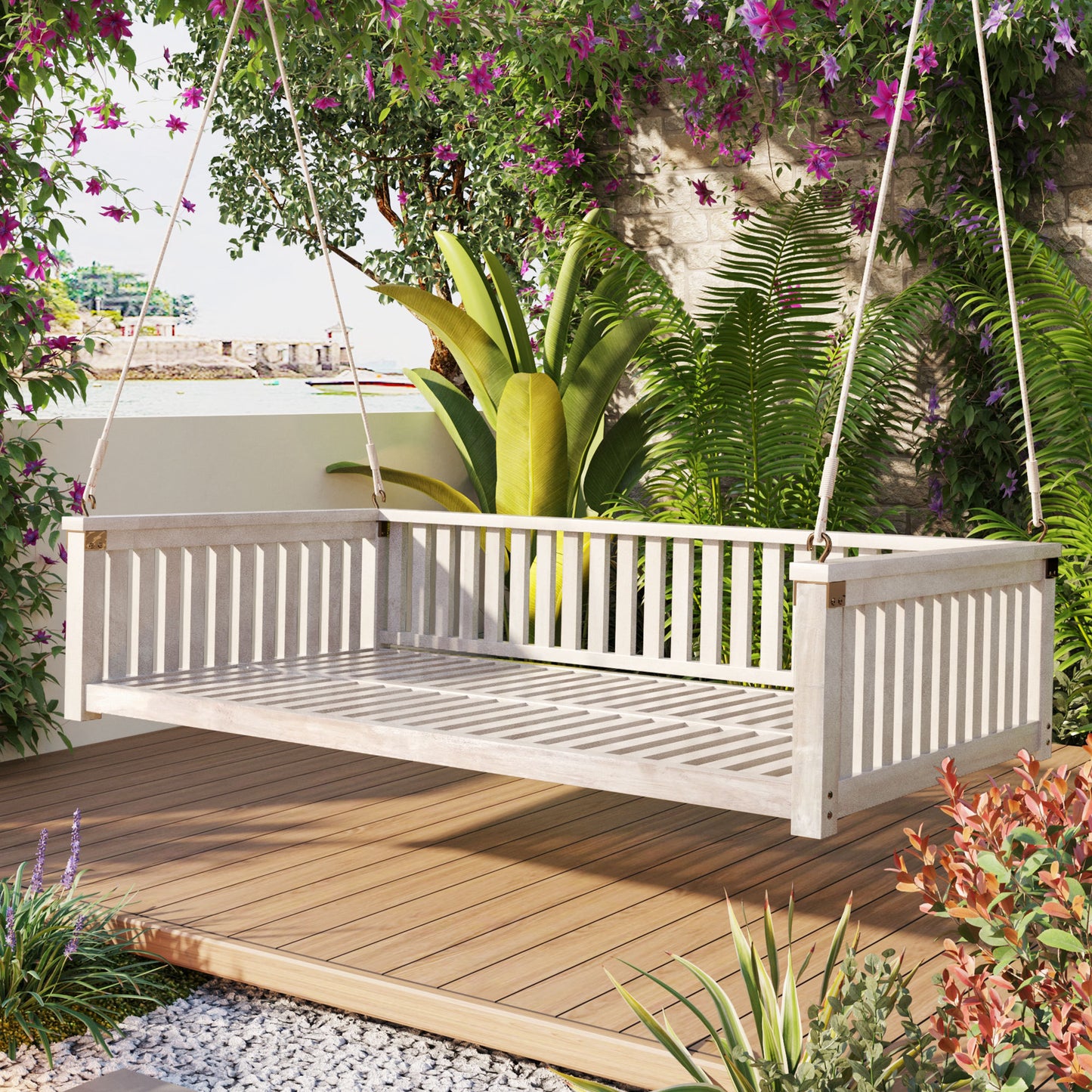 Patio Minimalist Twin Size Garden Swing Bed Wood Porch Swing with Ropes for Backyard, Safe Sloped Design, White