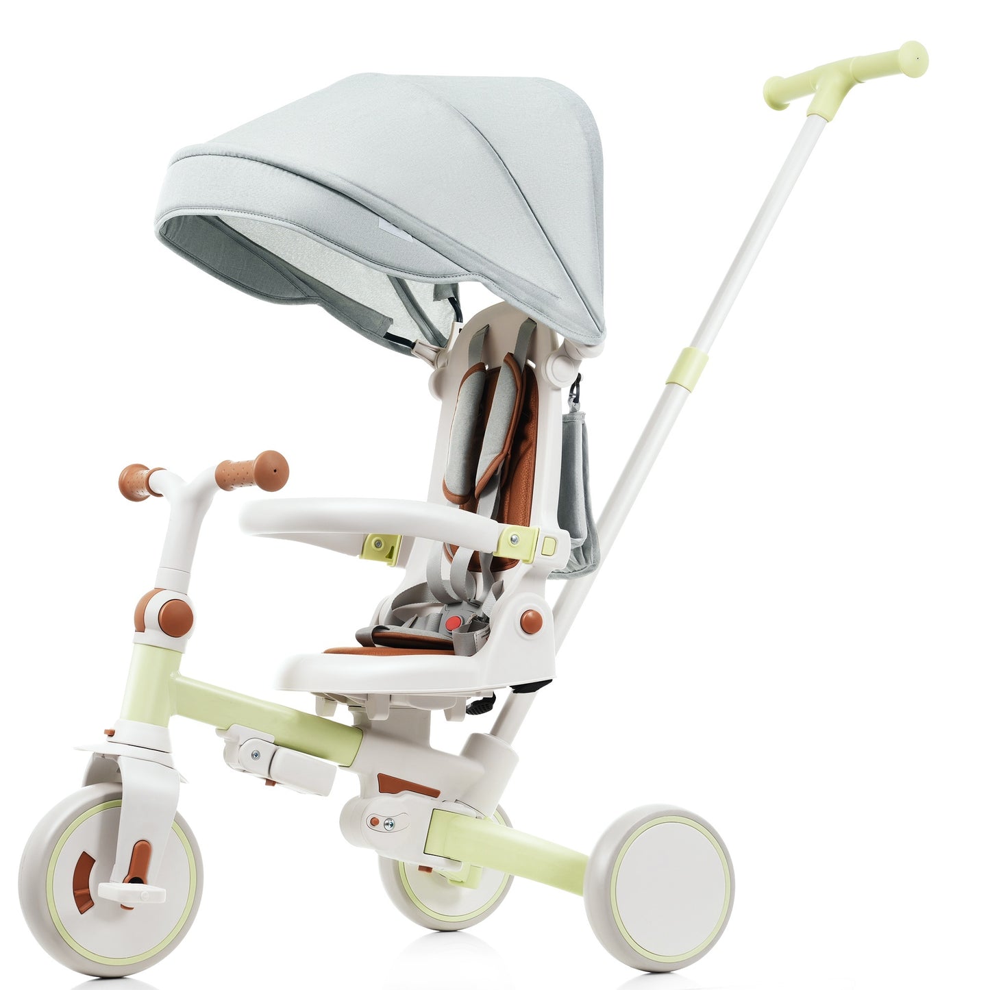 7 in 1 Baby Tricycle, Foldable Toddler Tricycle with Removable and Adjustable Parent Handle, Toddler Push Bike with Removable Pedal, Canopy, and Guardrail, Tricycle for 12-72 Months, green