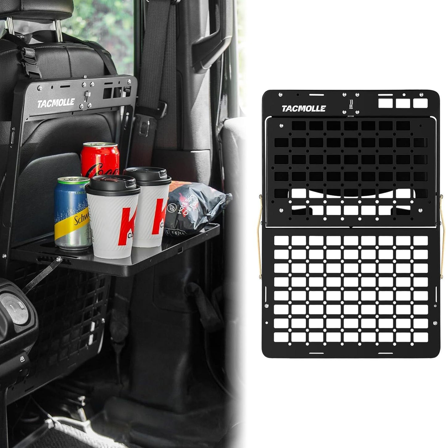Innovative Dual-Tray Car Organizer: Rigid MOLLE Panel with Foldable Trays for Versatile Storage and On-the-Go Convenience