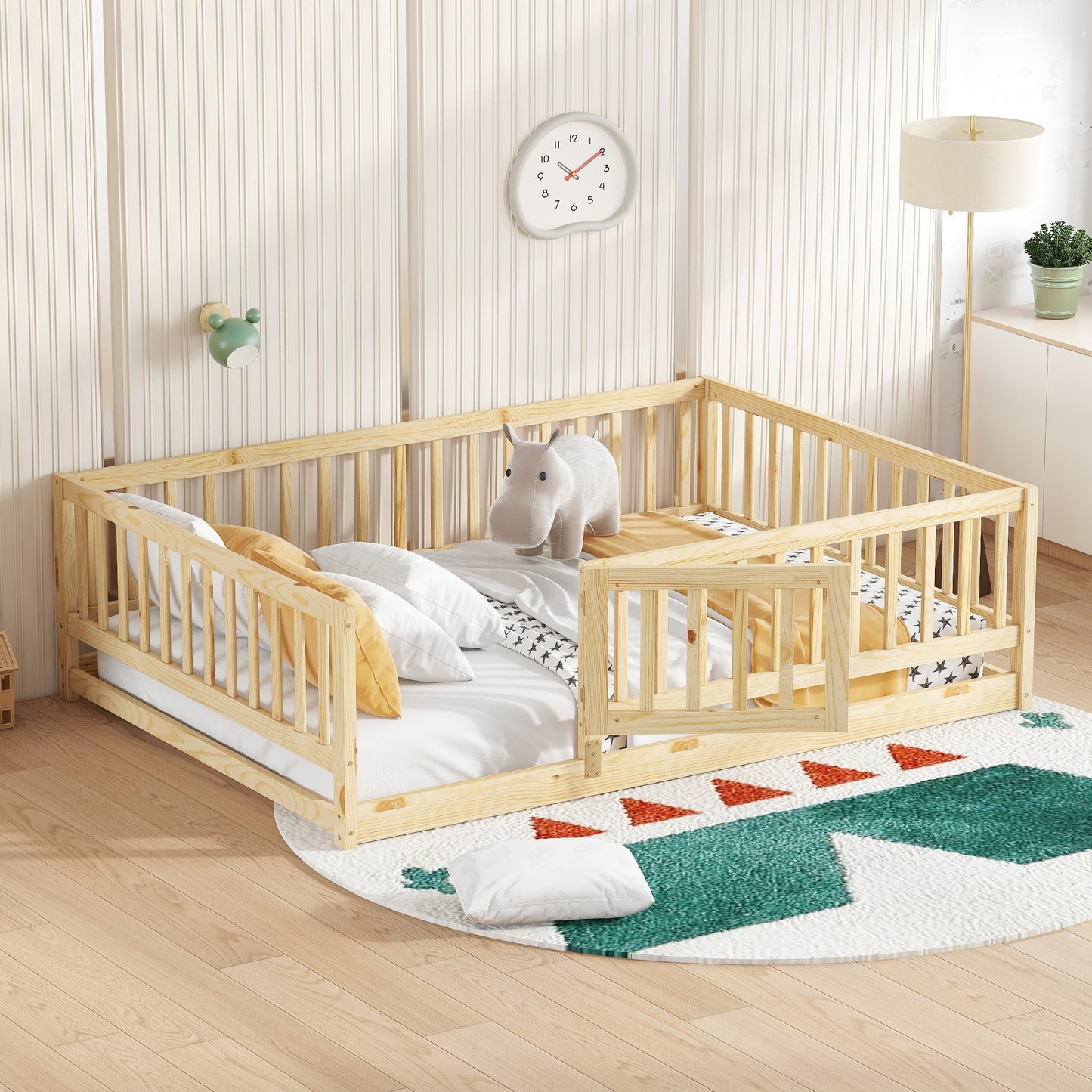 Full Size Floor Bed with Slats, Montessori Floor Bed with Fence and Door, Kids Montessori Bed Full Size, Wood Montessori Floor Bed for Kids, Girls, Boys(Full Natural)