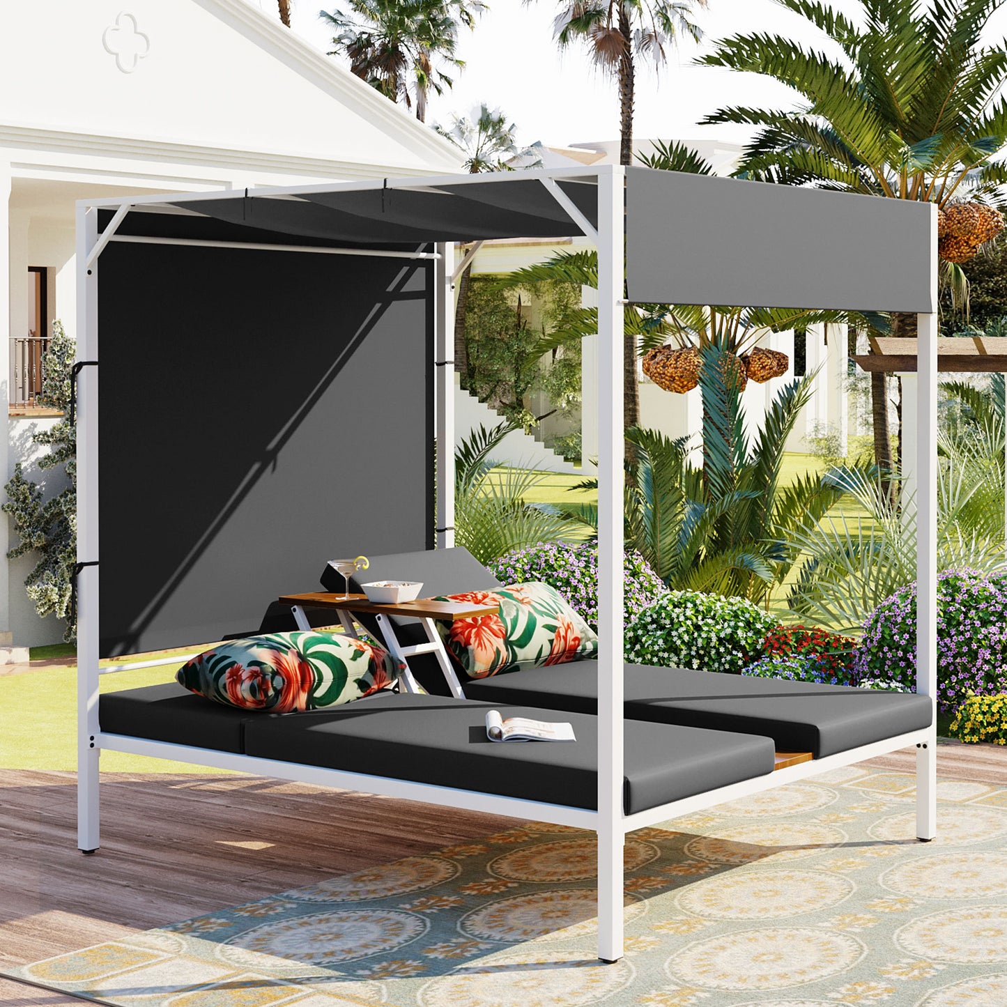 Outdoor Patio Sunbed Daybed with Cushions, Adjustable Seats