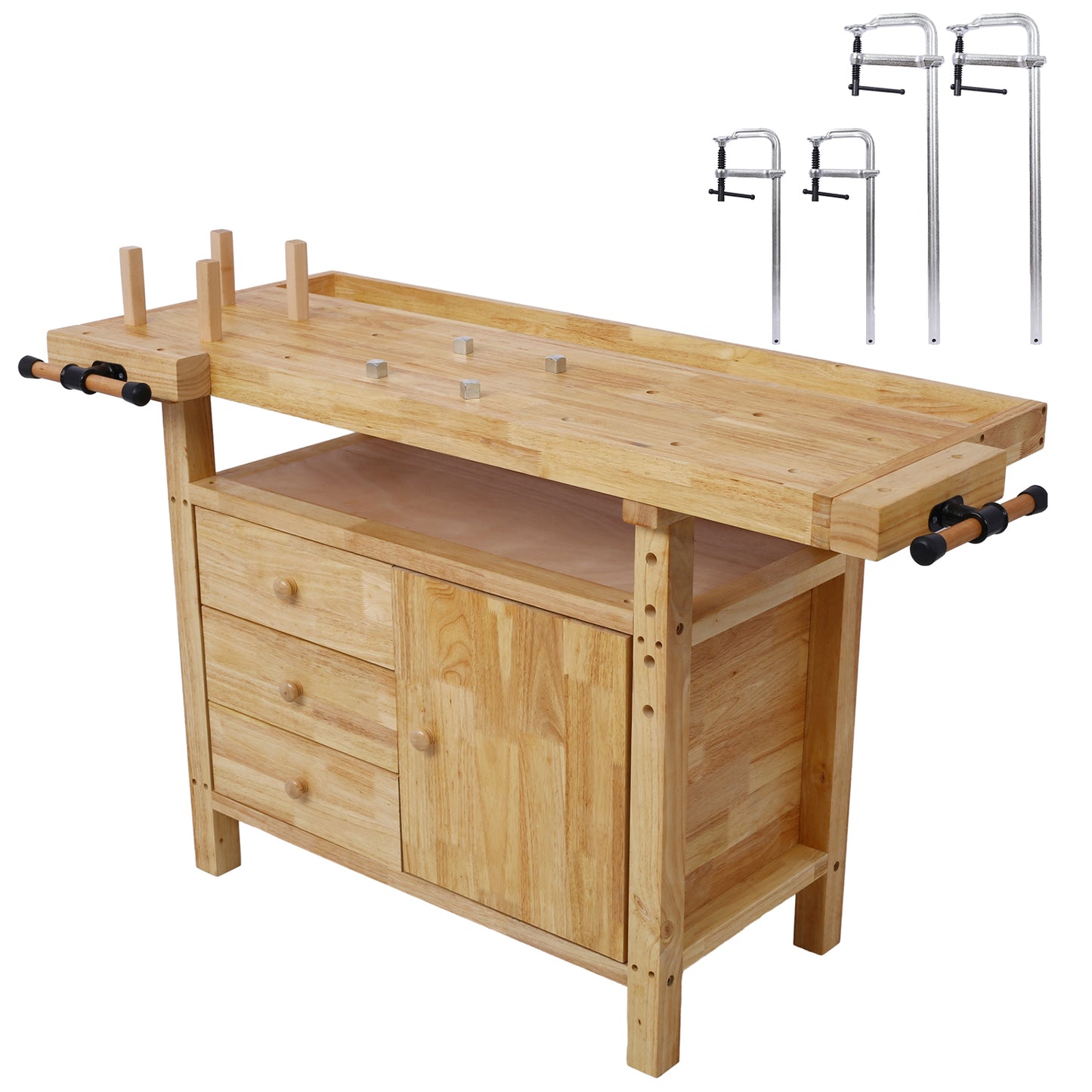 Wood Workbench - Wooden Workbench for Garage Workshop and Home, with Bar Clamps Set 2 pcs 12 inch x 3inch+ 2pcs 20inchx4-3/4' ,4pcs pack