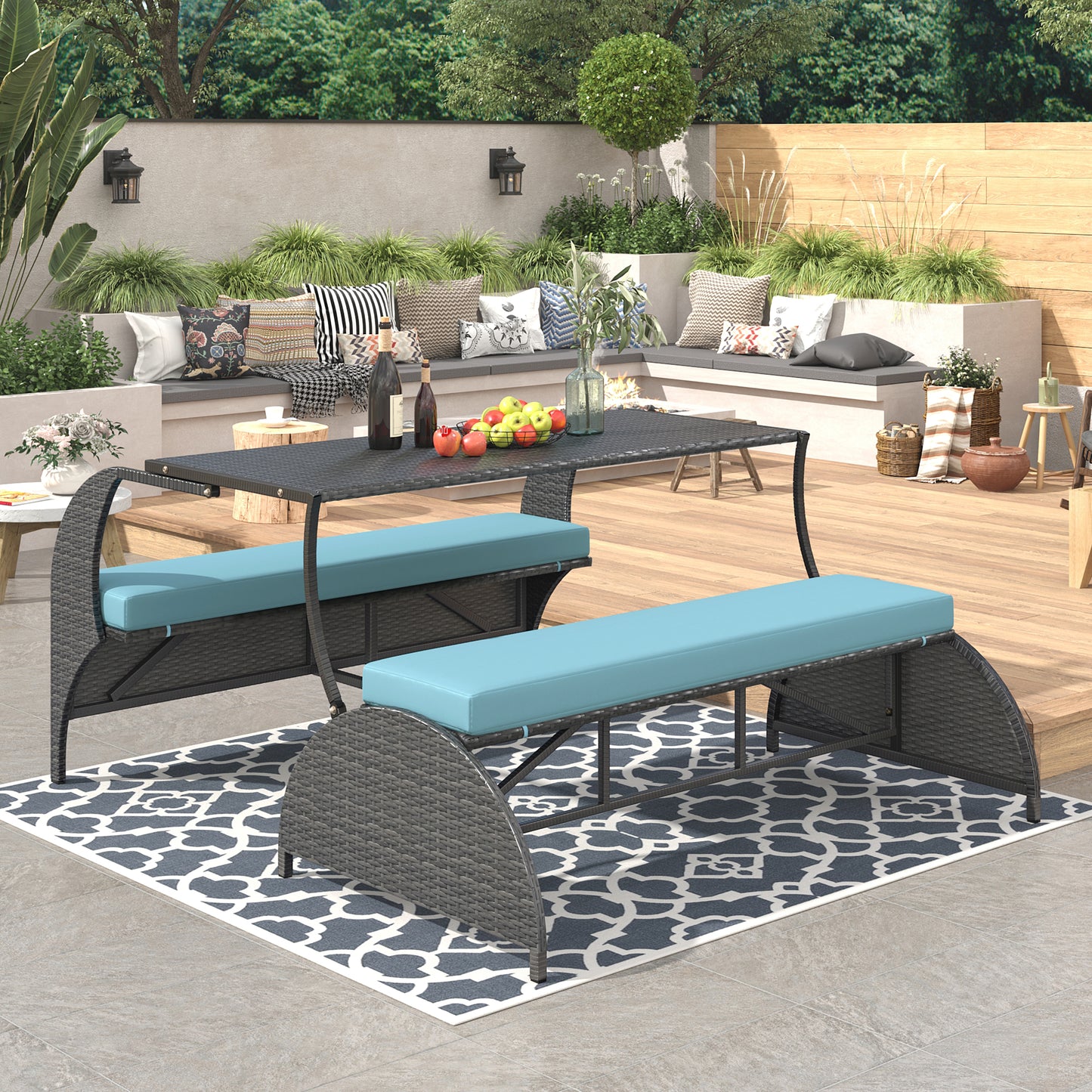 Versatile outdoor loveseat that converts to four seats and a table, suitable for gardens and lawns