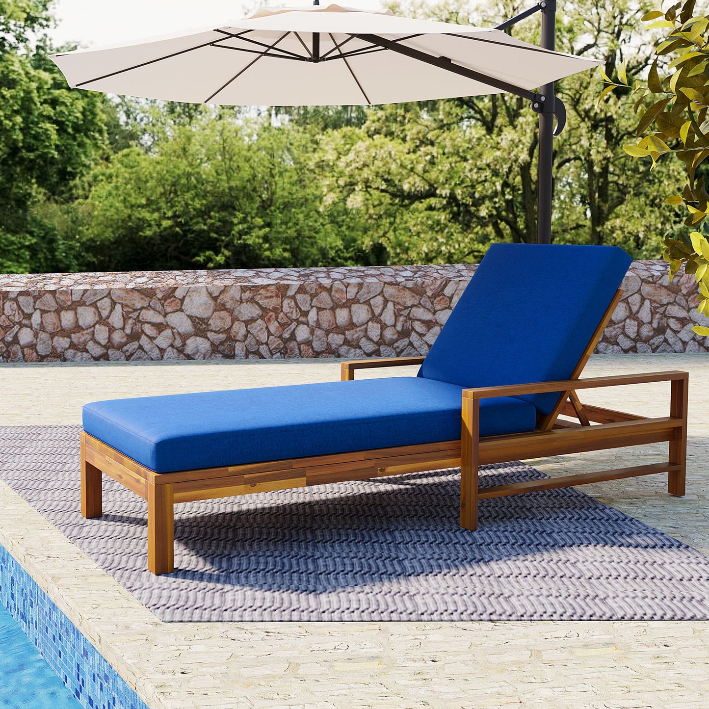 Acacia Wood Adjustable Backrest Outdoor Lounge Chair, Suitable for Gardens, Terraces, and Poolside Areas